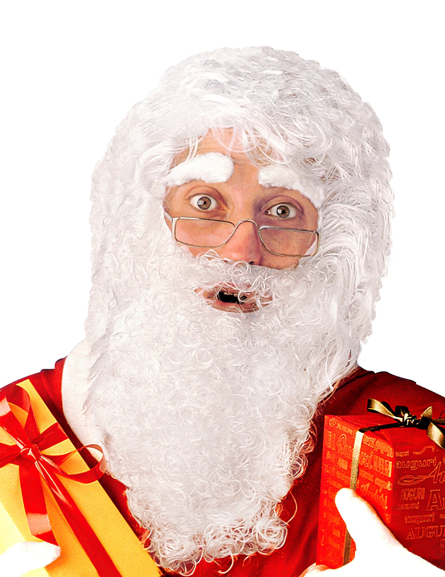 Fehér Mikulás készlet férfiaknak, göndör szakállal és parókával
