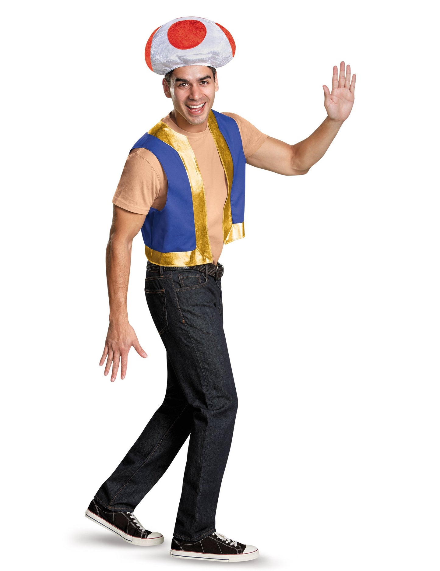 Kit Toad Nintendo pour adulte avec gilet bleu et doré et chapeau champignon rouge et blanc