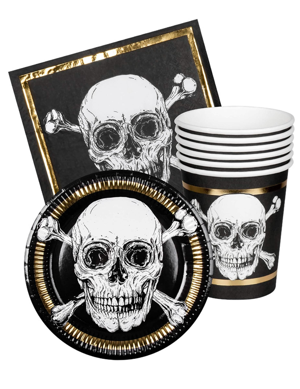 Kalóz Jolly Roger étkészlet 6 személyre fekete és arany