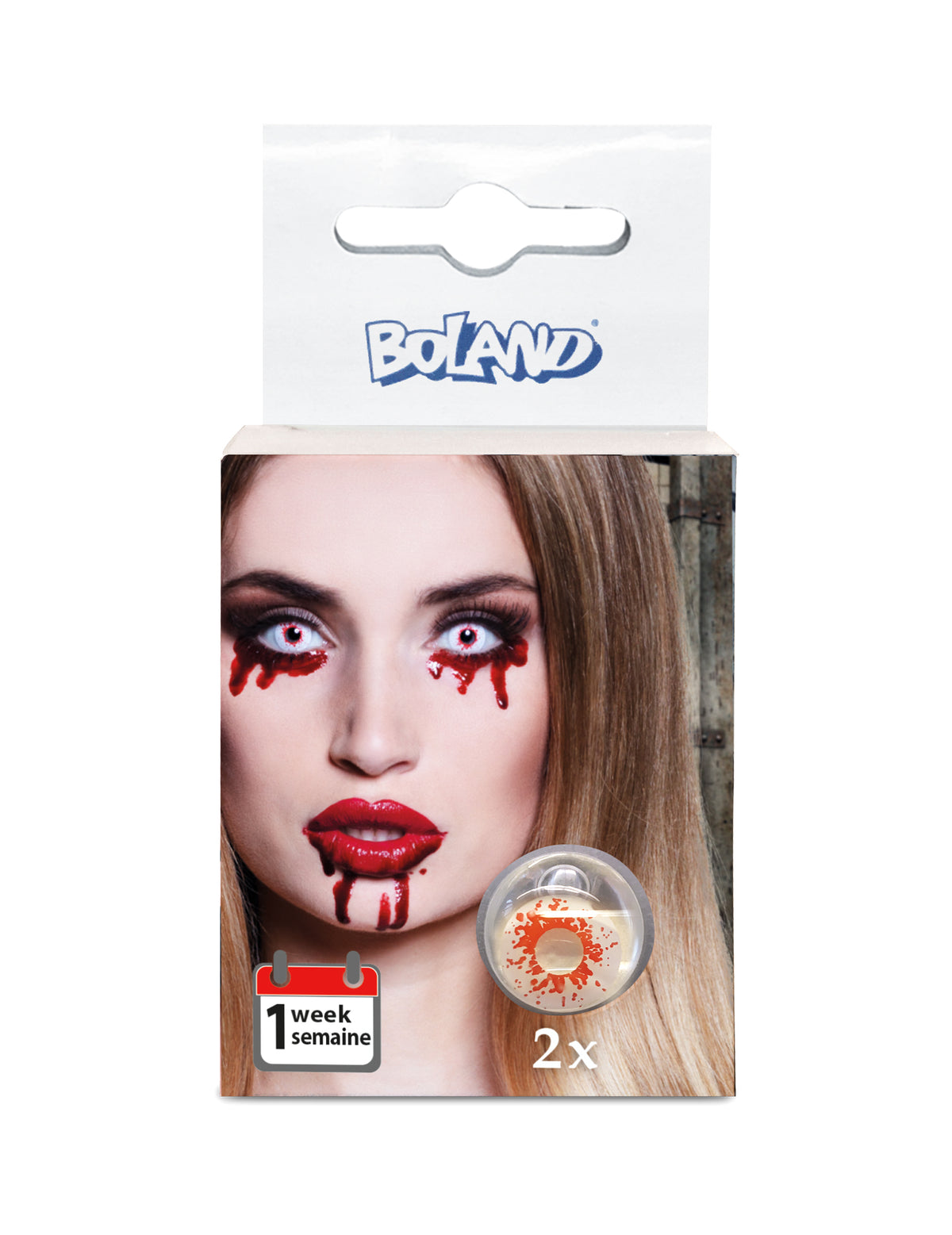A vérleges kontaktlencsék csomagolásának nézete halloween