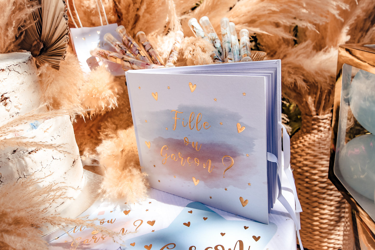 Rózsaszín, kék és arany vendégkönyv kislánynak vagy kisfiúnak, 64 oldal, babaváró bulira