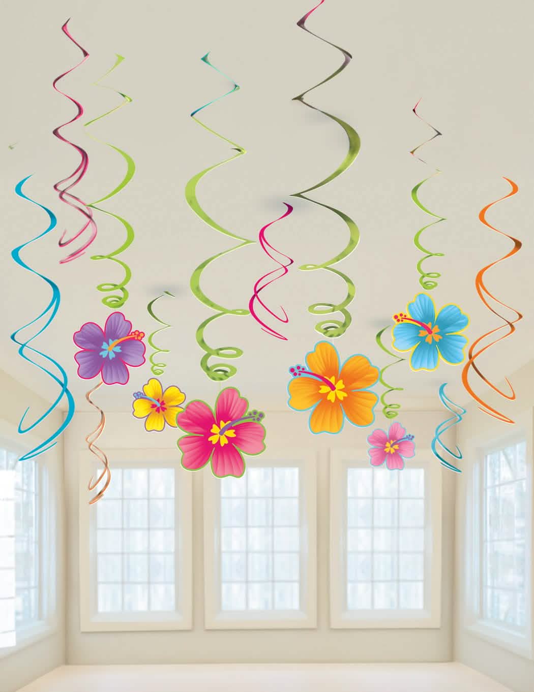 12 darabos hawaii függődísz készlet bulira, többszínű hibiszkuszvirágokkal