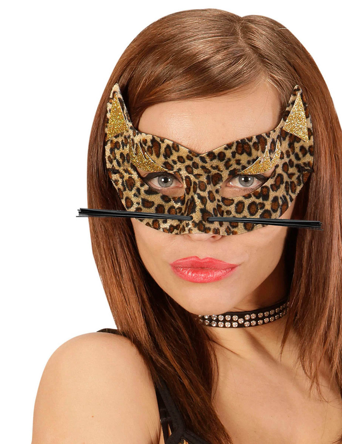 Leopard mintás, füles női álarc bajuszokkal