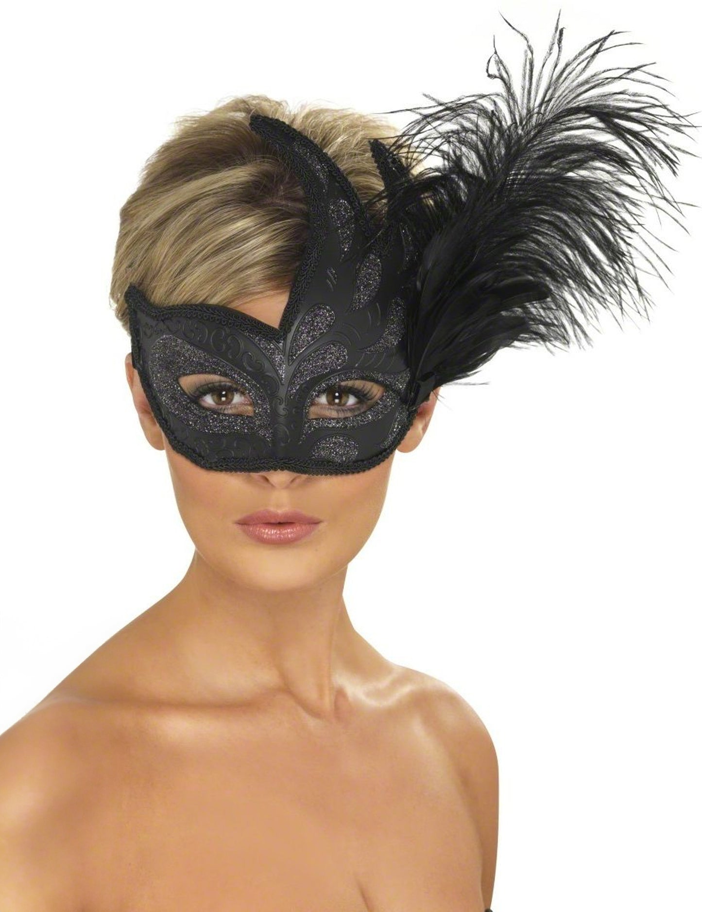 Fekete maszk ezüst csillámokkal és tollakkal felnőtteknek