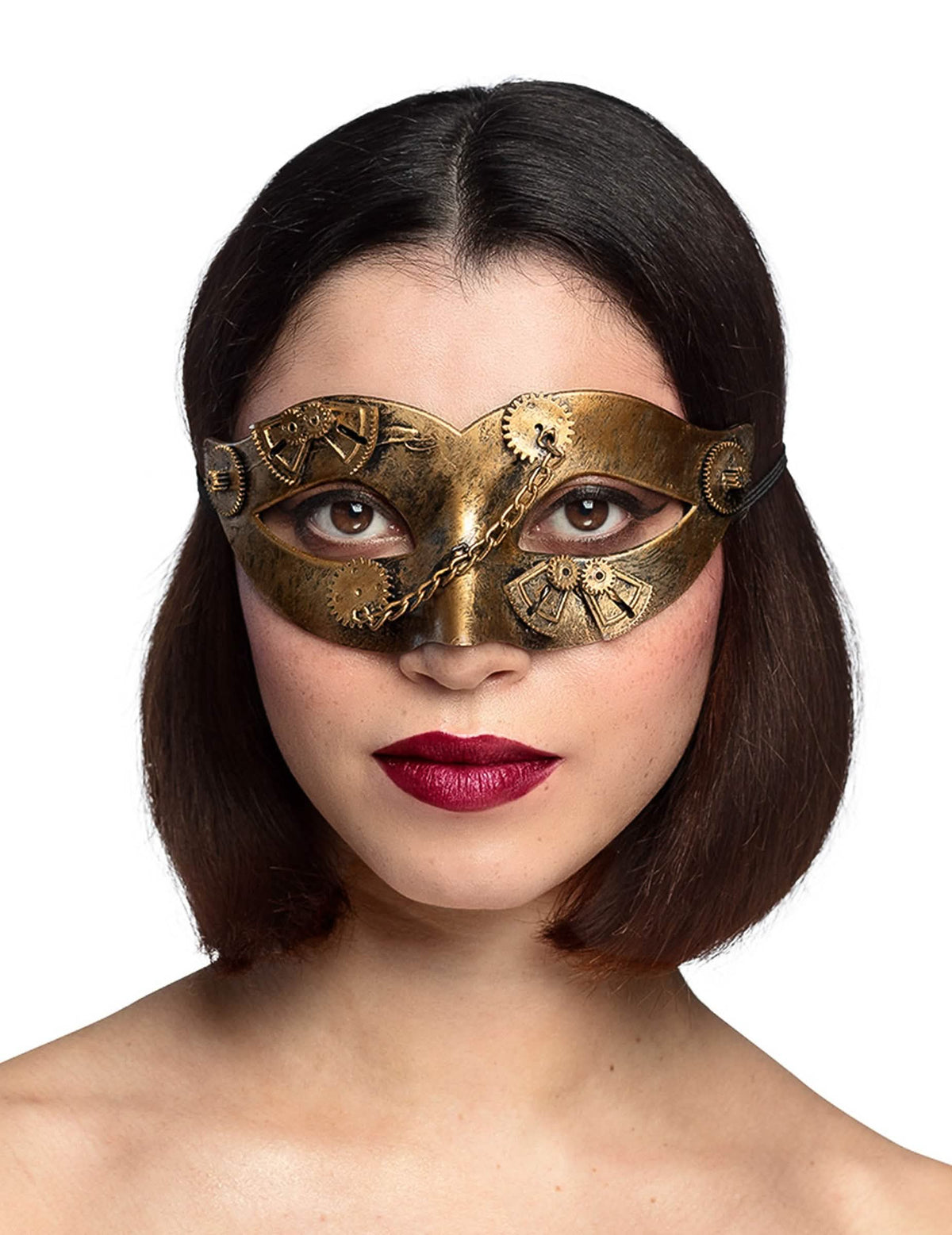 Közelkép a női steampunk farkas arany fogaskerekeiről