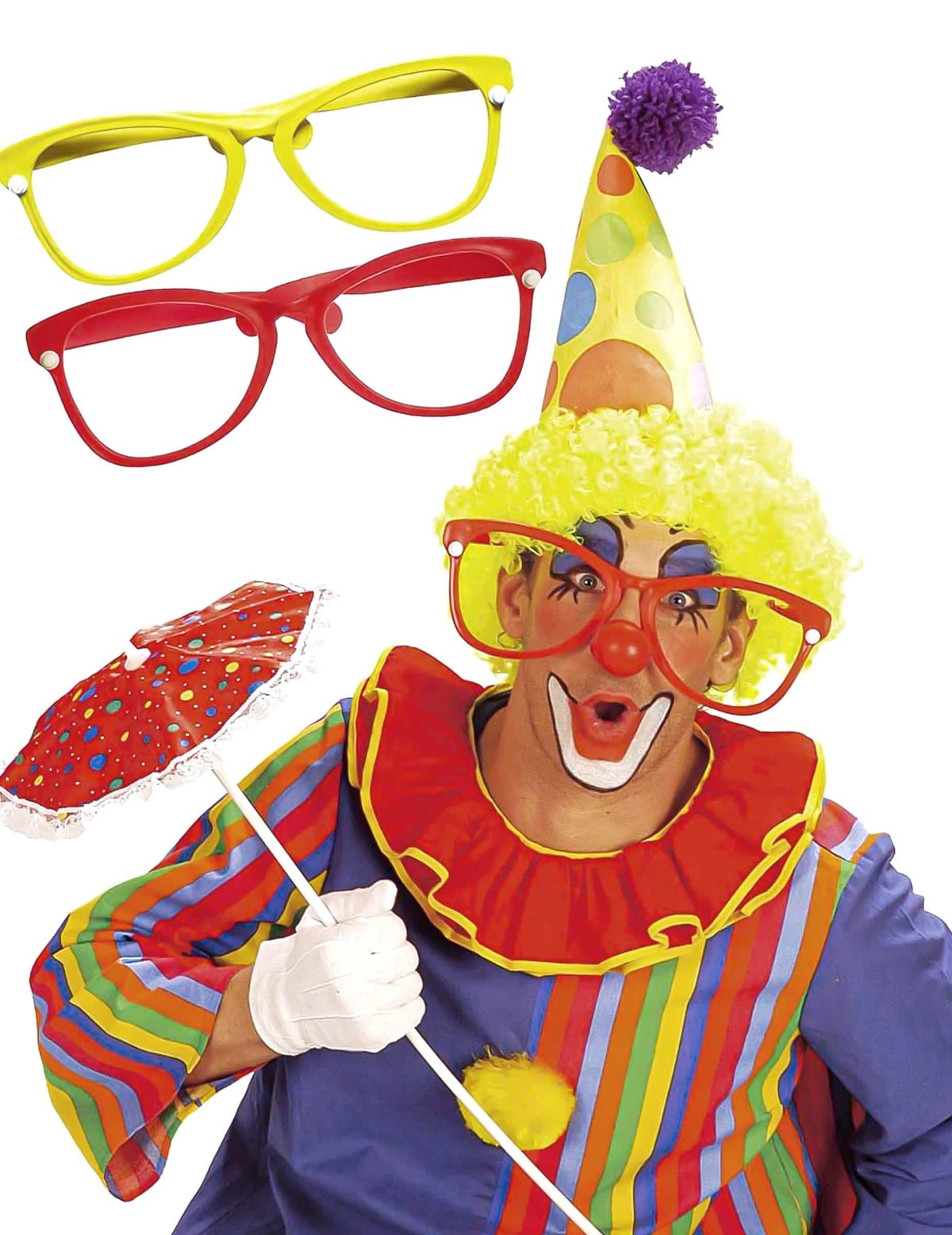 Lunettes de clown géantes pour adulte rouges et jaunes