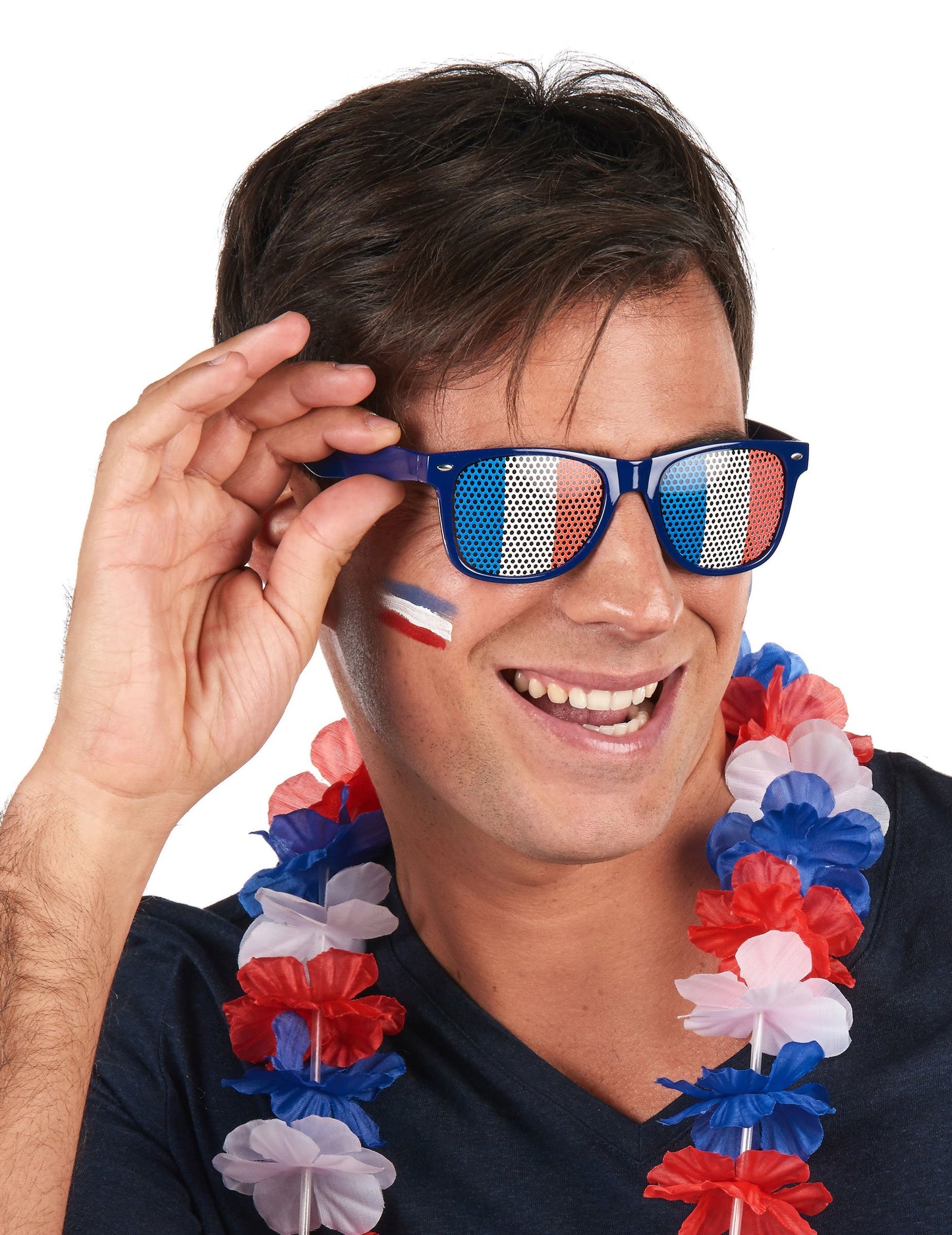 Vue de face des lunettes supporter drapeau France portées par un homme