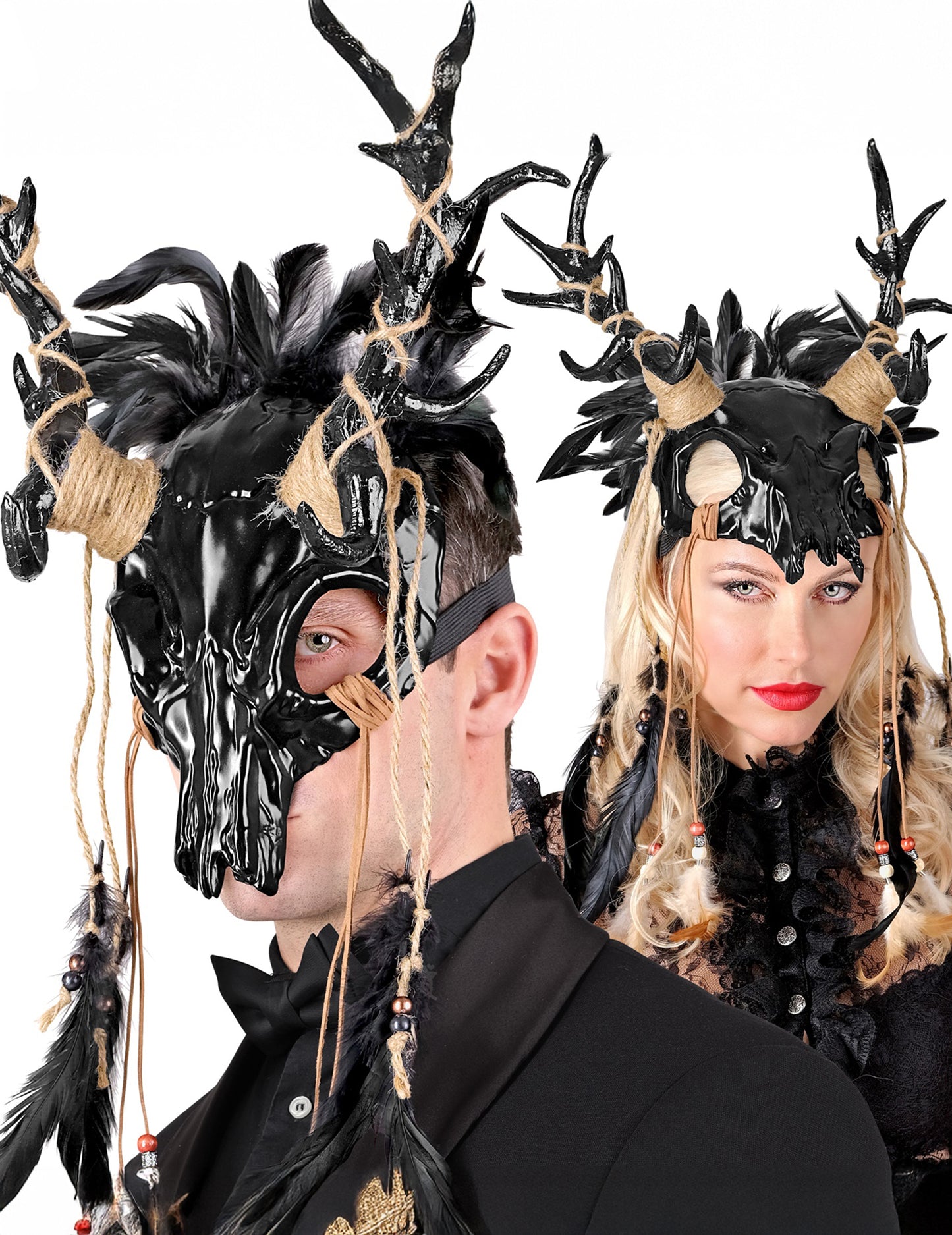 Felnőtt fekete voodoo sámán maszk tollakkal