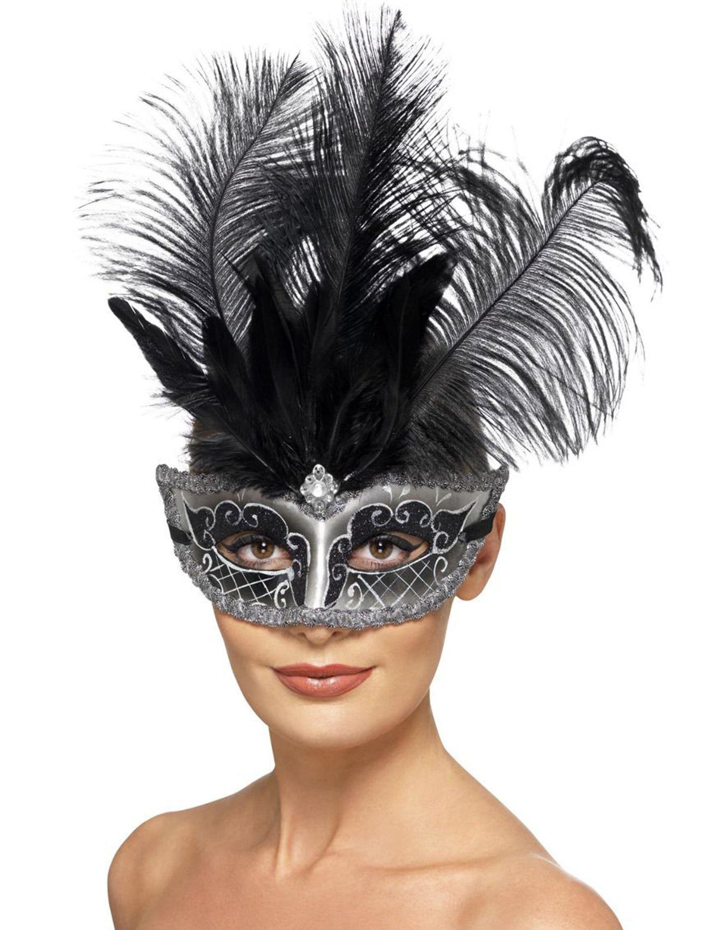 Masque Colombine vénitien pour adulte gris avec plumes noires