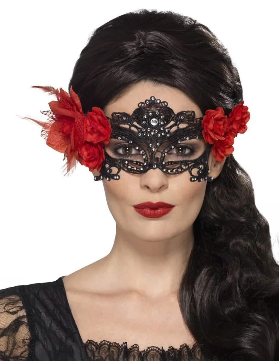 Csipke Dia de los Muertos maszk felnőtt fekete piros virágokkal és strasszokkal