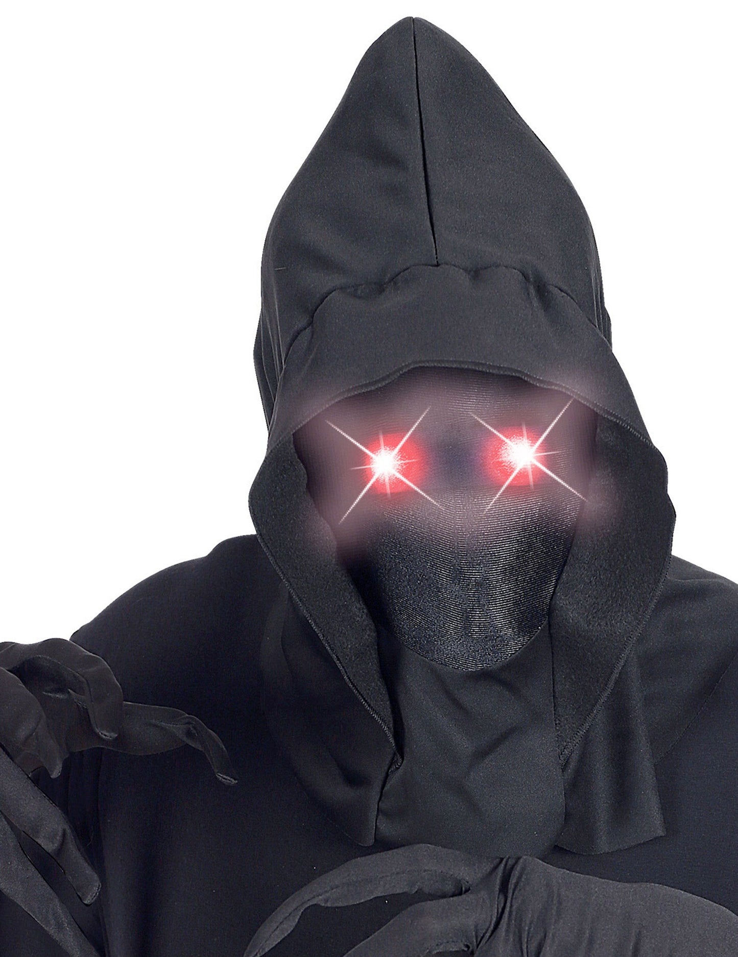 Teljes kapucnis láthatatlan arcmaszkban és felnőtt vörös fényű szemekben