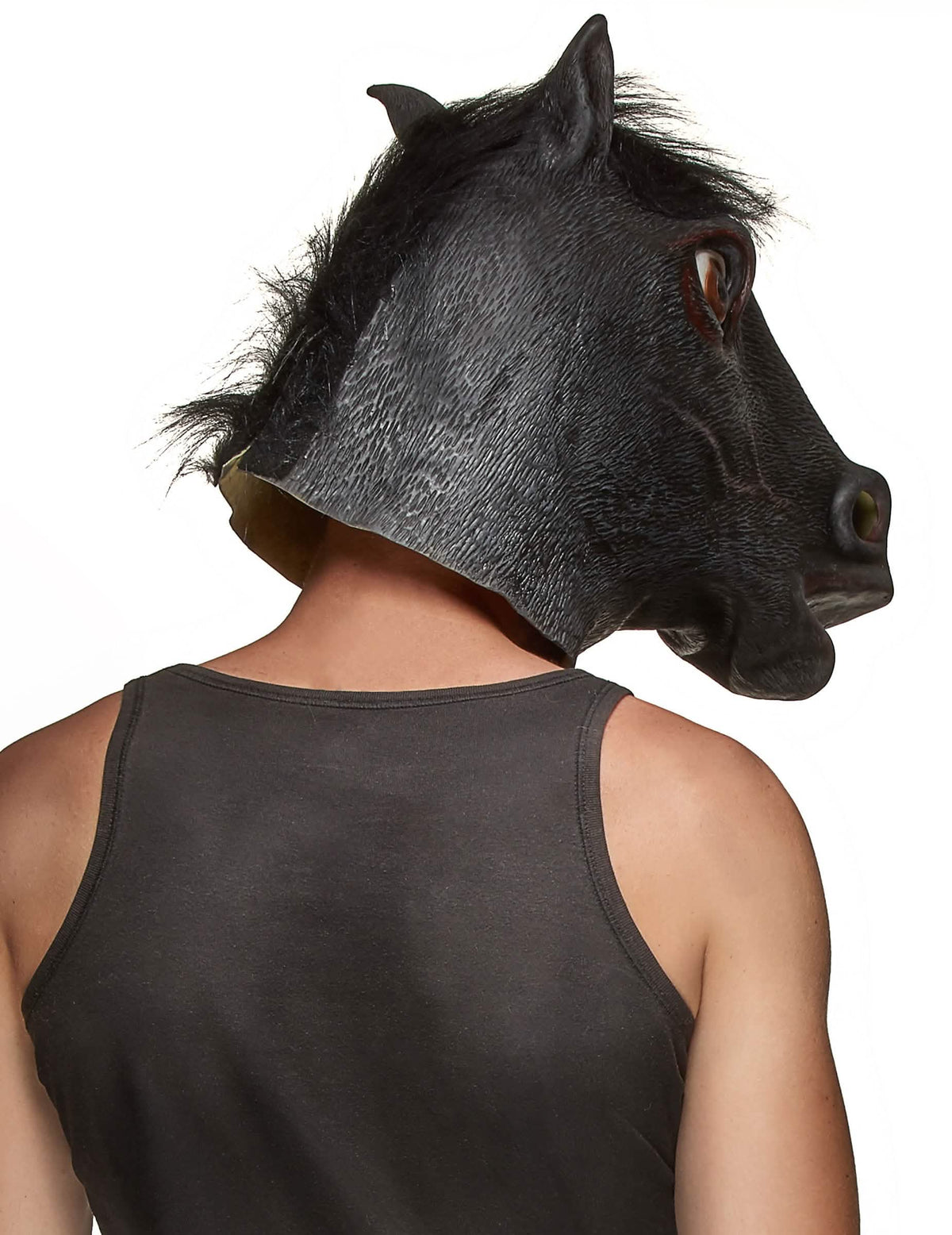 Hátulnézet a lófej latexmaszkjáról