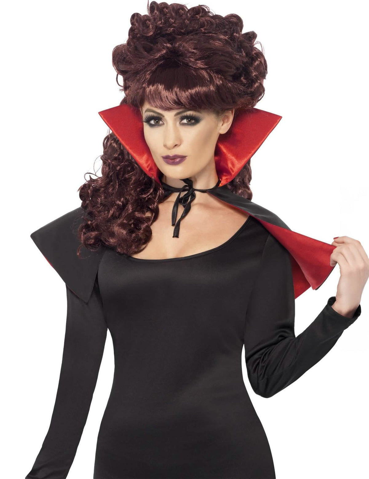 Mini vámpír halloween köpeny felnőttnek, fekete piros gallérral