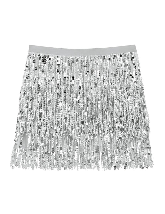 Vue de face de la minijupe à paillettes argentée pour femme à franges