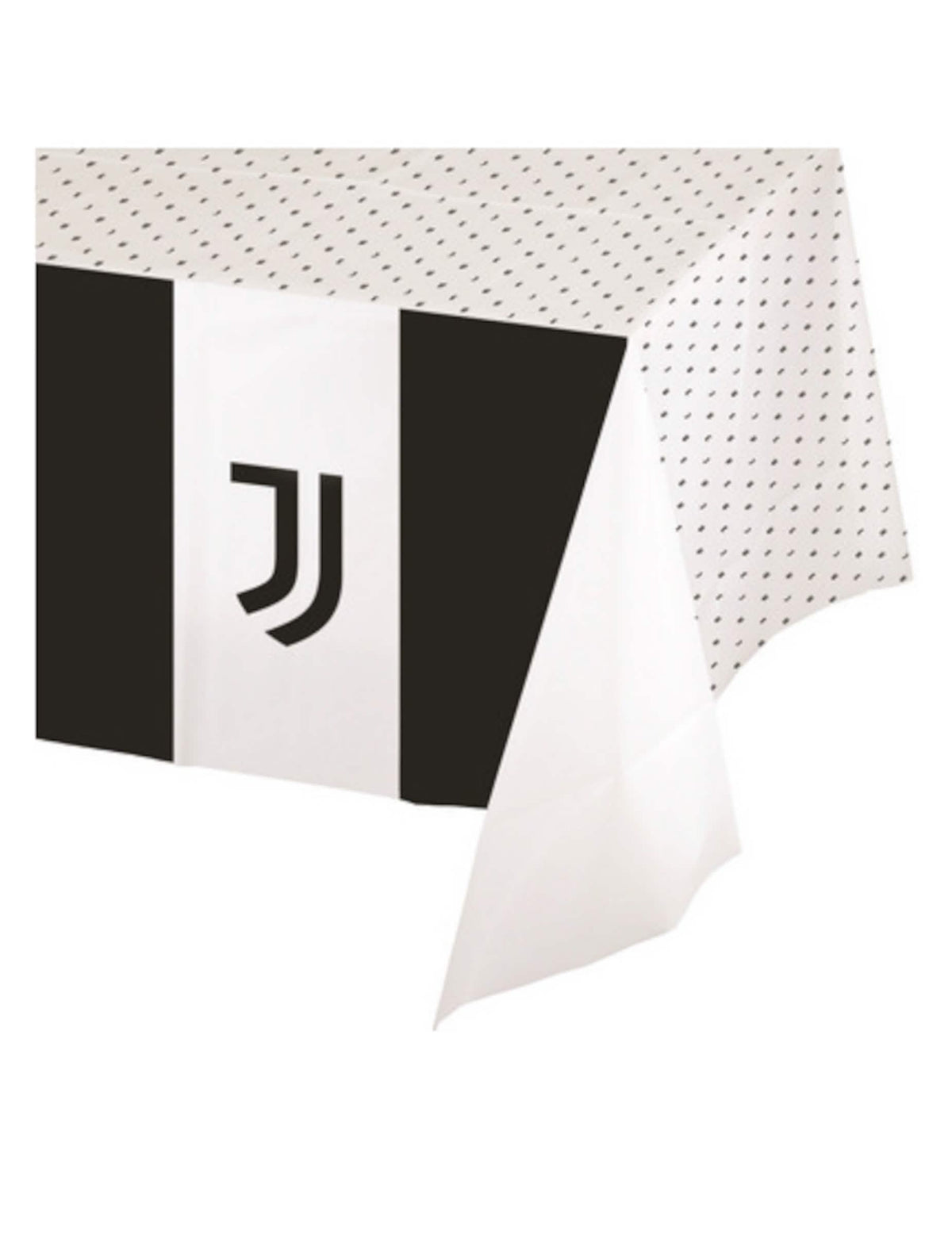 Juventus fekete-fehér papír asztalterítő logóval és pöttyös mintákkal