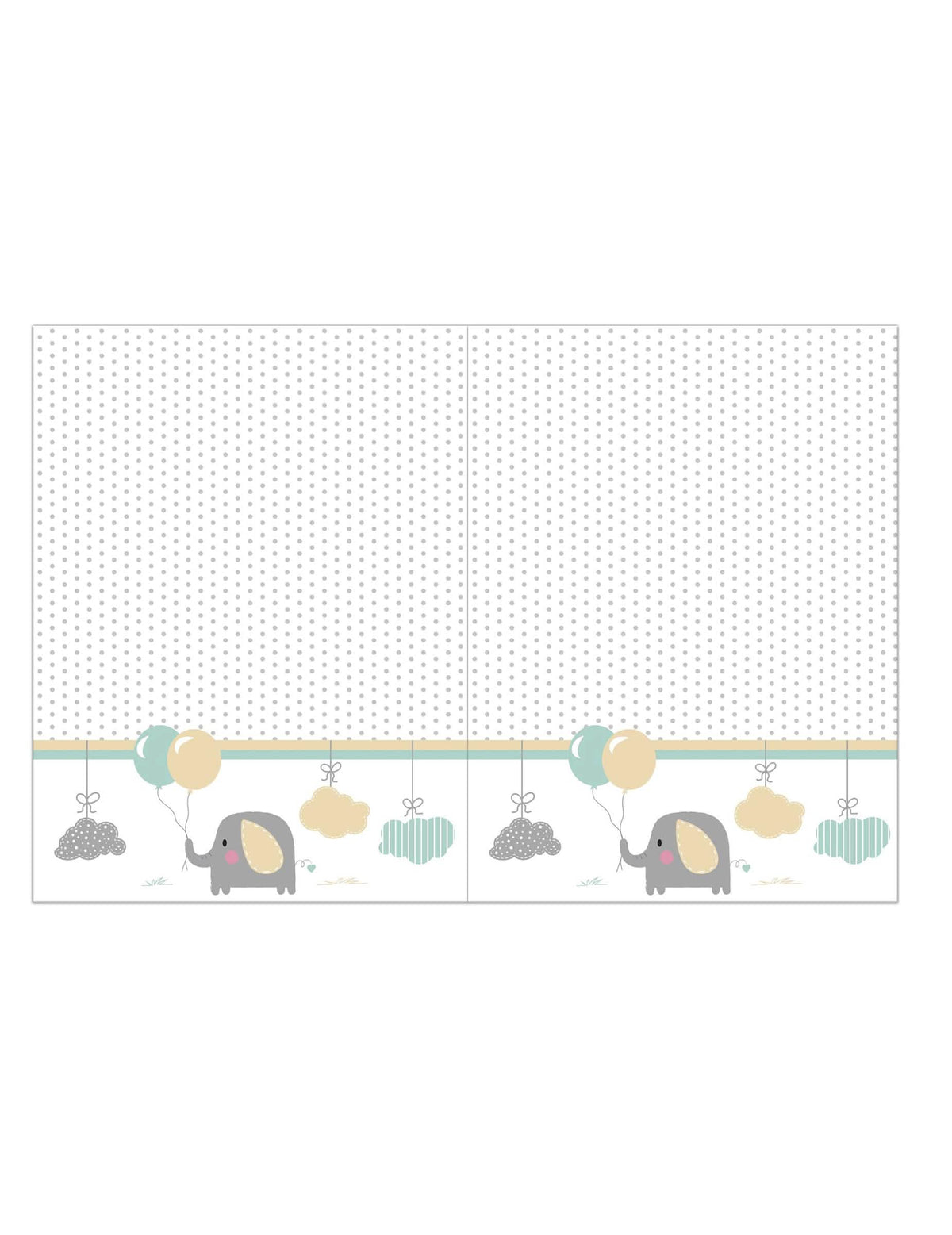 Műanyag asztalterítő baba elefántos baby showerre, fehér, szürke pöttyökkel és pasztell mintákkal