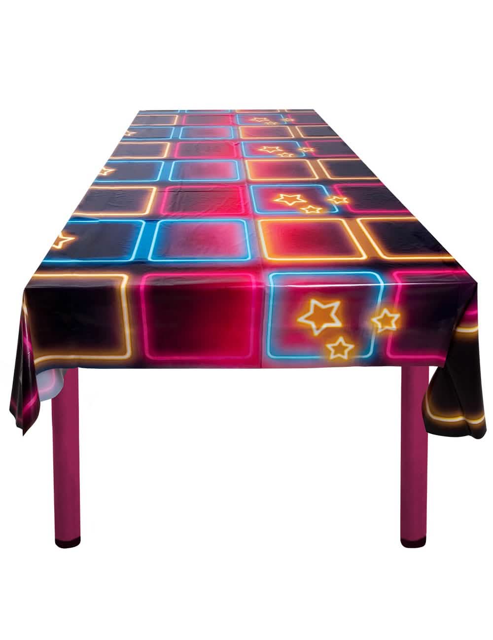Disco Fever műanyag terítő neon négyzetekkel és többszínű csillagokkal díszített mintával a bulihoz