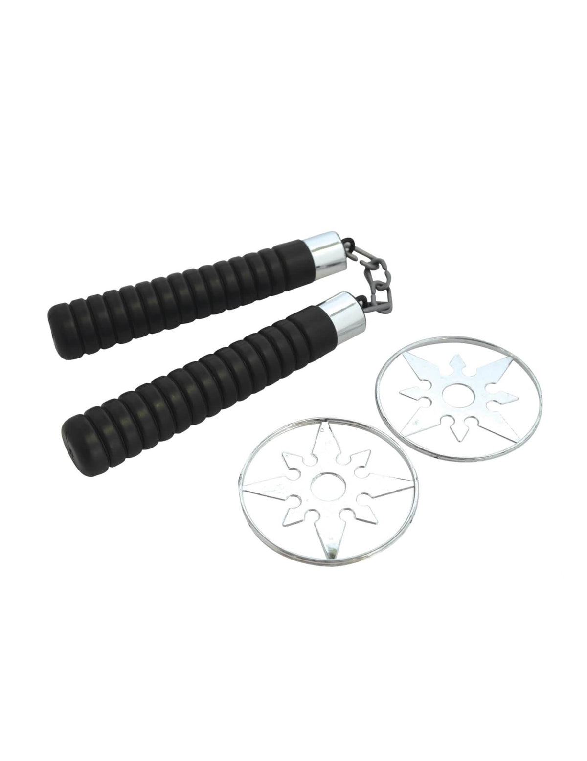 Műanyag nunchaku és shurikenek gyermek számára, fekete és ezüst színűek