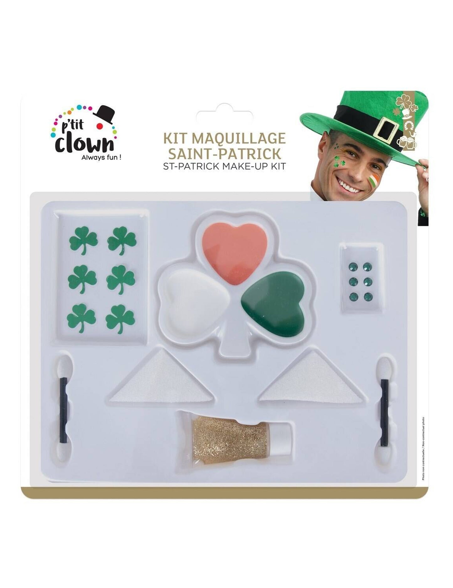Palette de maquillage trèfle Saint Patrick pour adulte vert blanc orange avec paillettes turn
