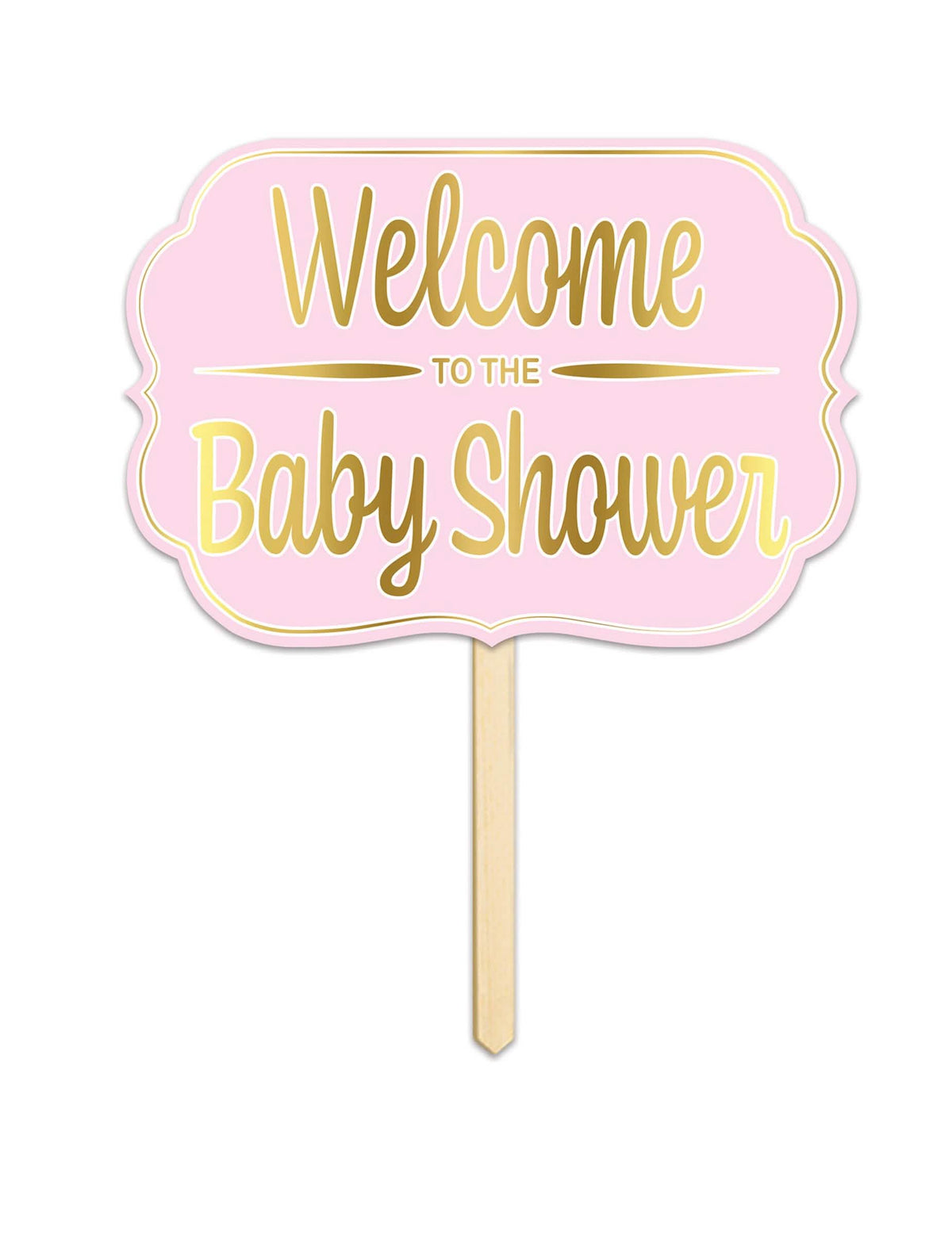 Karton tábla Welcome to the baby shower rózsaszín és arany ünnepséghez fa pálcával