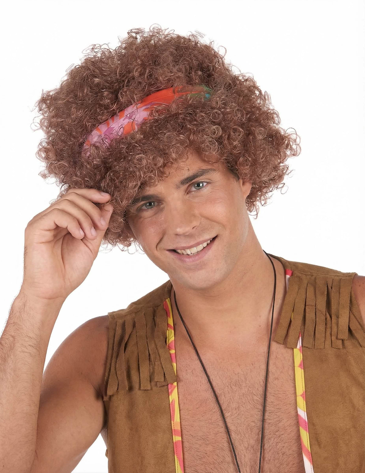 Afro hippie paróka férfiaknak, gesztenyebarna, színes fejpánttal