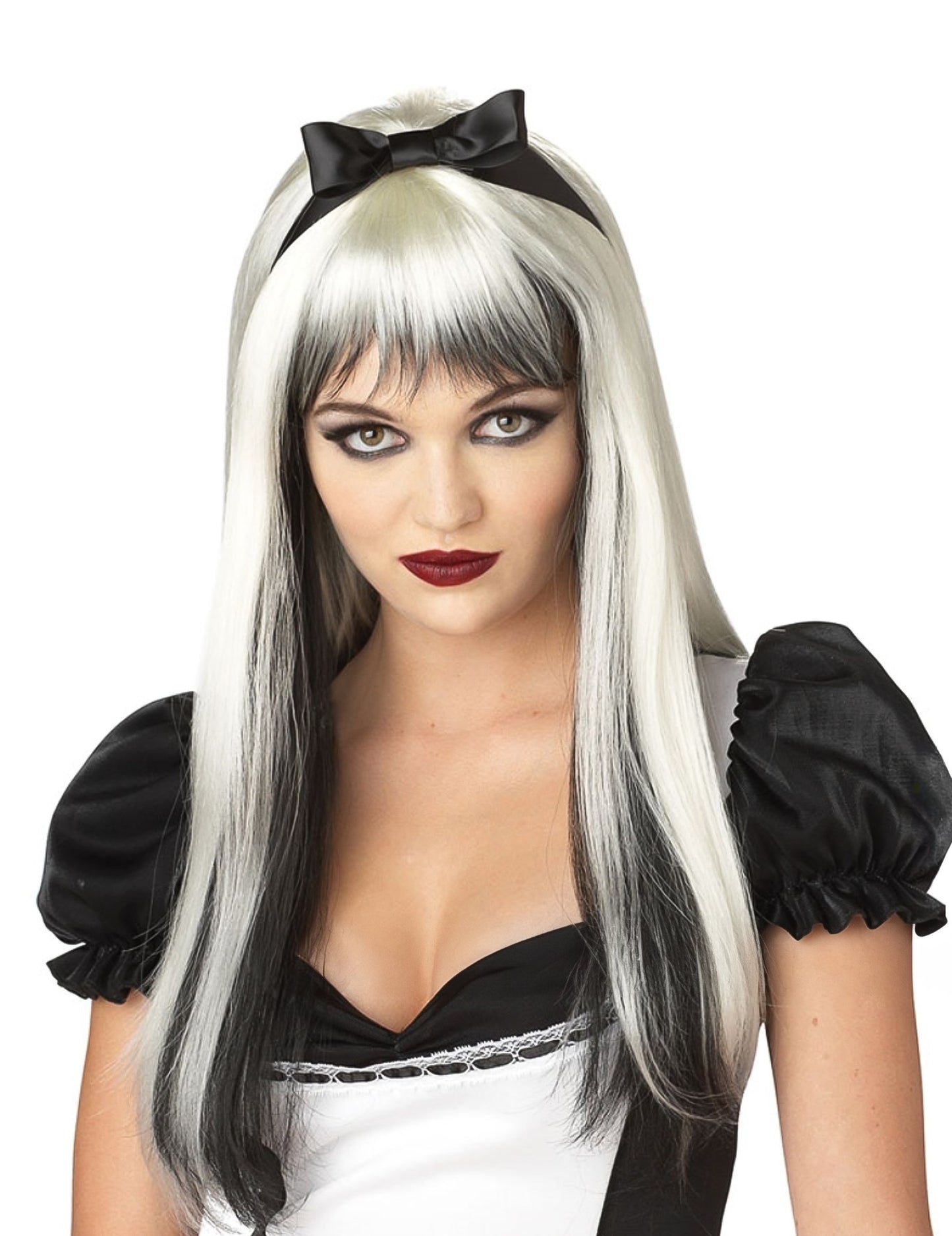 Fehér és fekete paróka hosszú hajú, felnőtt kanócokkal