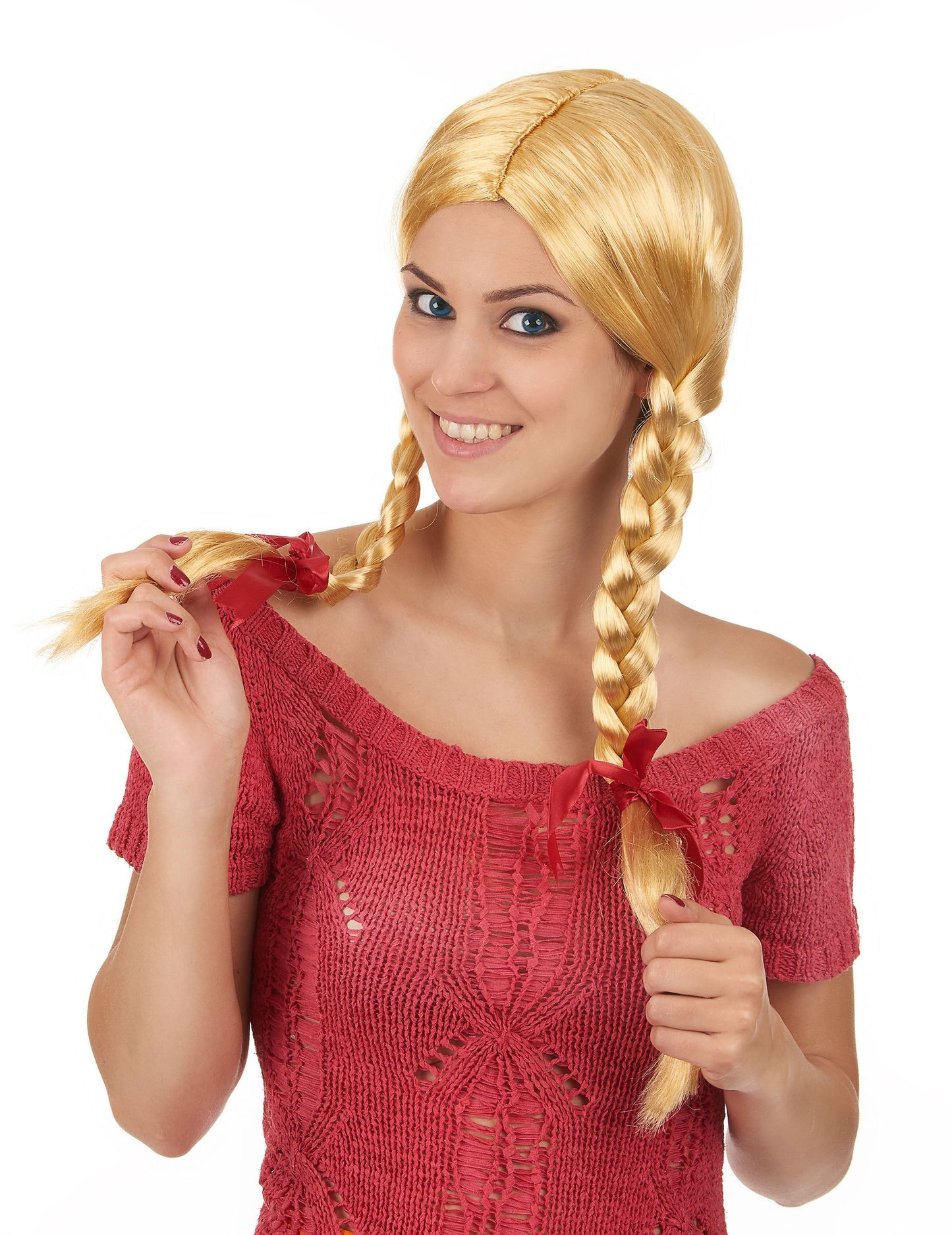 Perruque couettes écolière pour femme blonde avec nœuds rouges