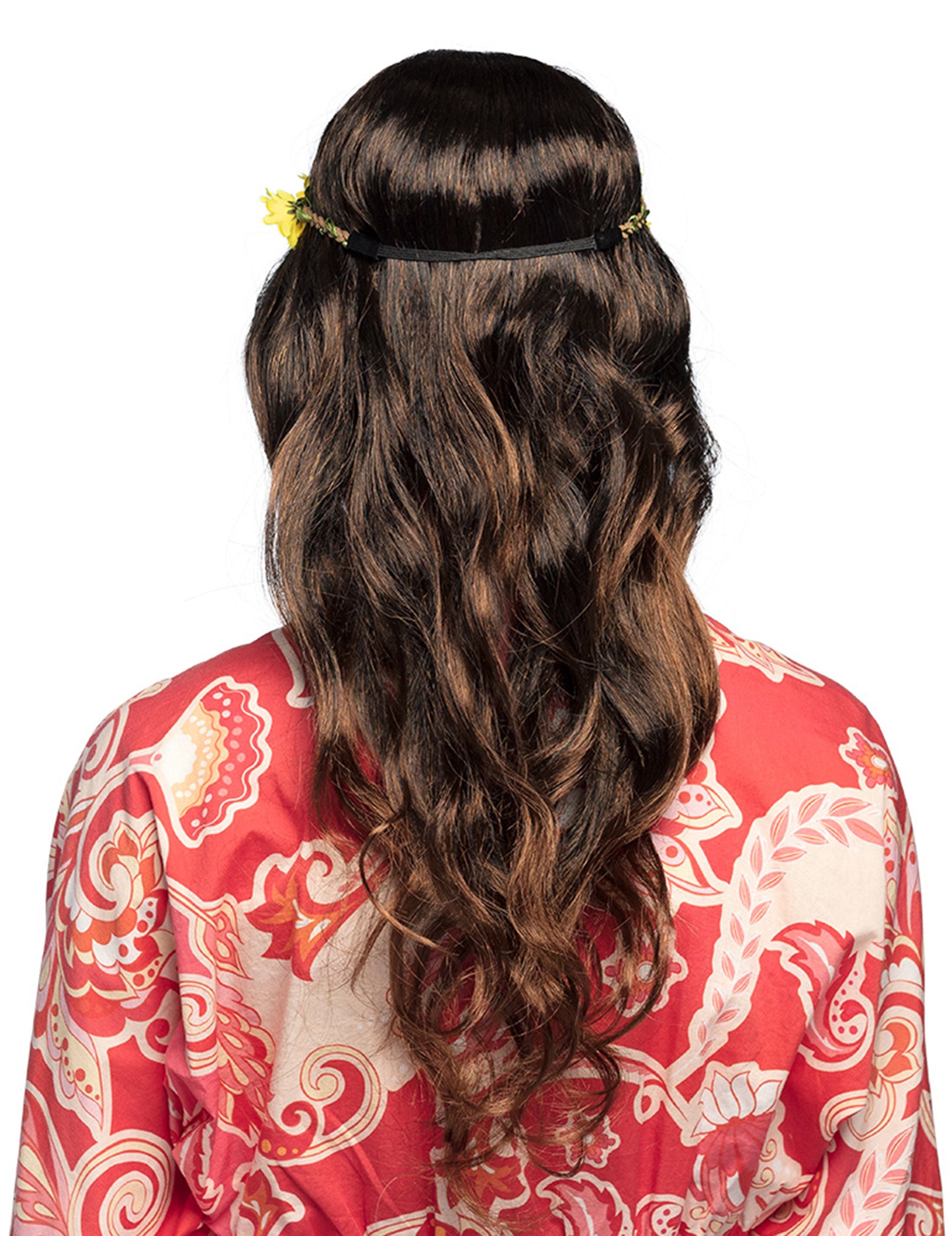 Hosszú barna paróka női virágokkal dörömböl