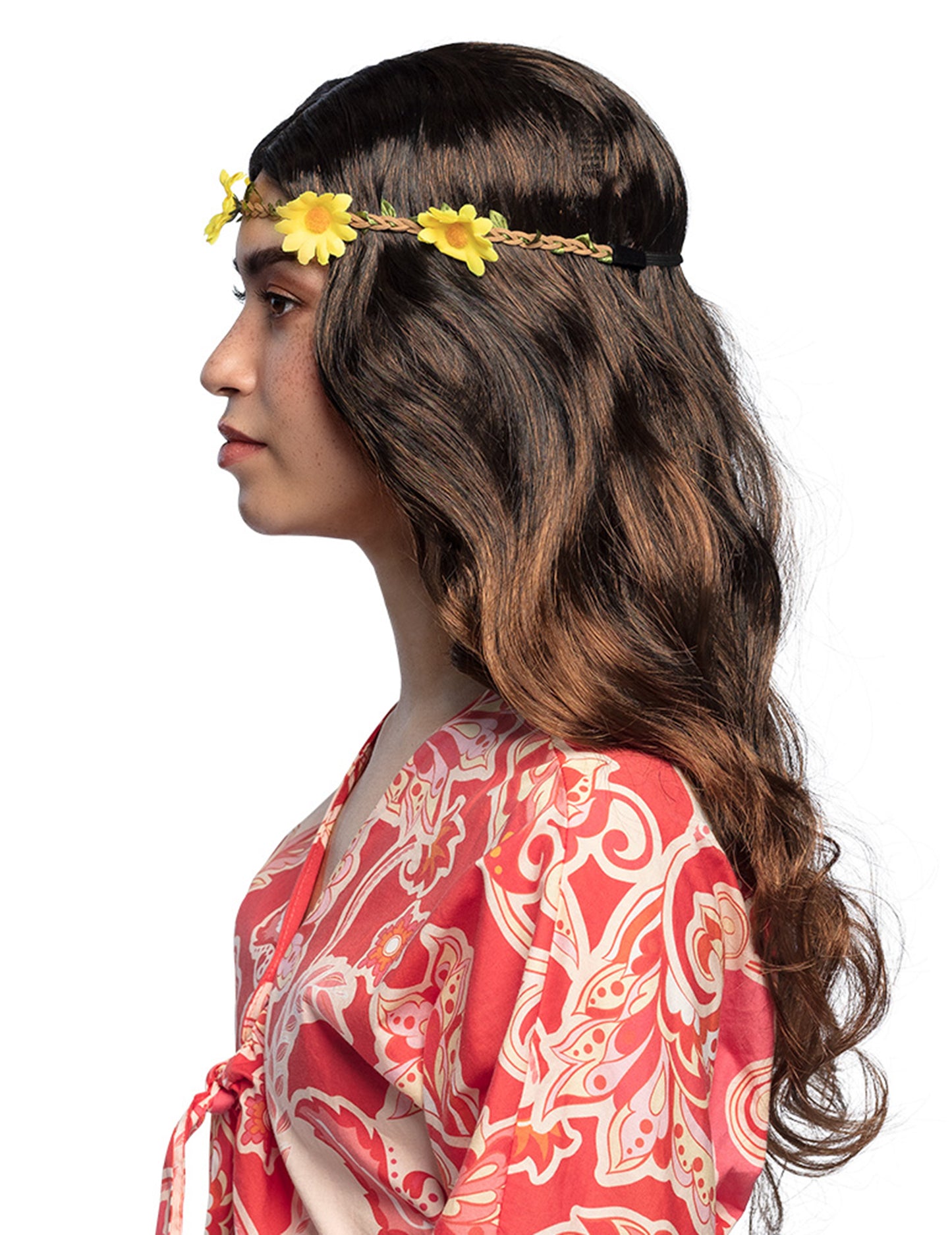 Hosszú barna paróka női virágokkal dörömböl