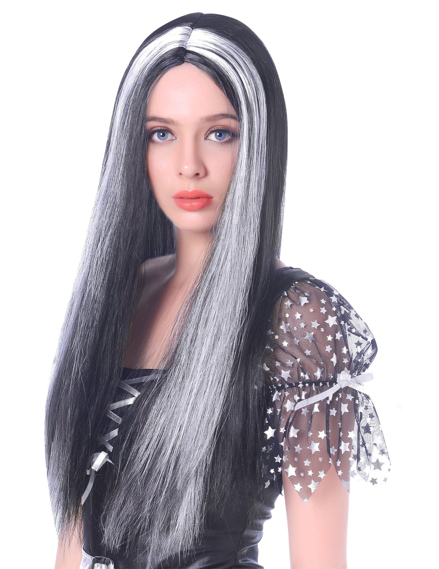 Perruque longue noire et blanche pour femme avec mèches blanches lisses