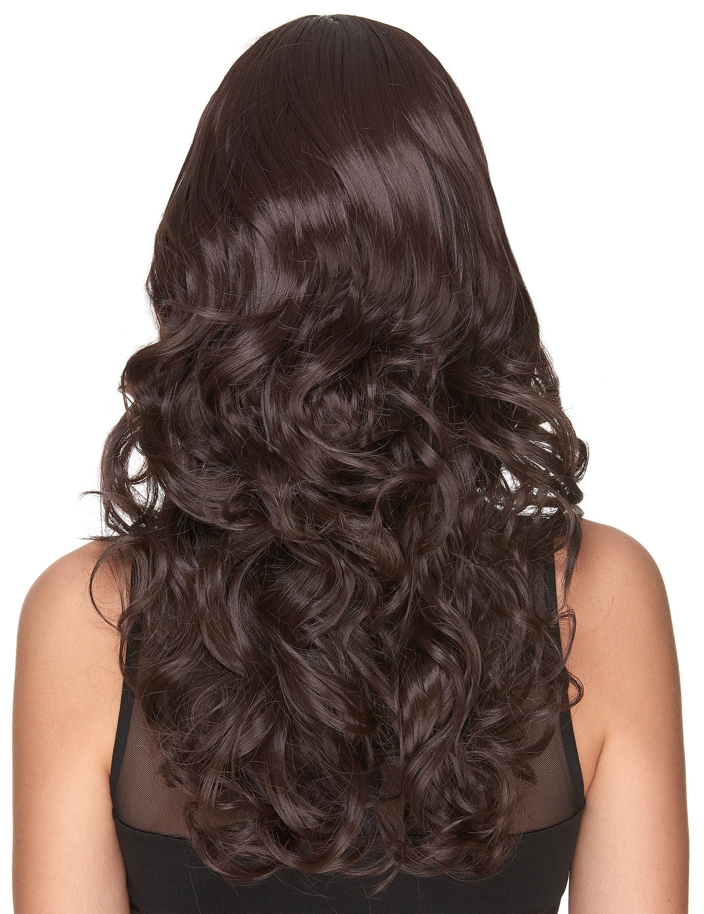 Vue de dos de la perruque luxe ondulée avec frange pour femme
