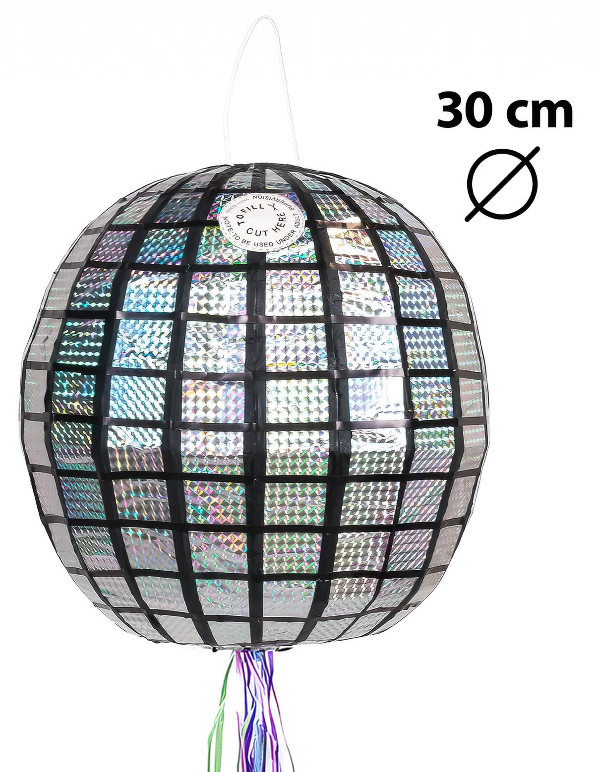 A diszkó gömb alakú piñata méretei és rögzítőrendszere