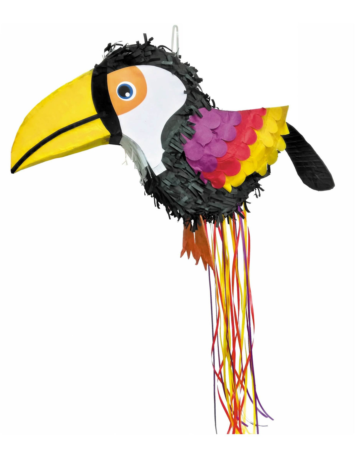 Trópusi tukán piñata fekete bulira sárga csőrrel és többszínű tollakkal