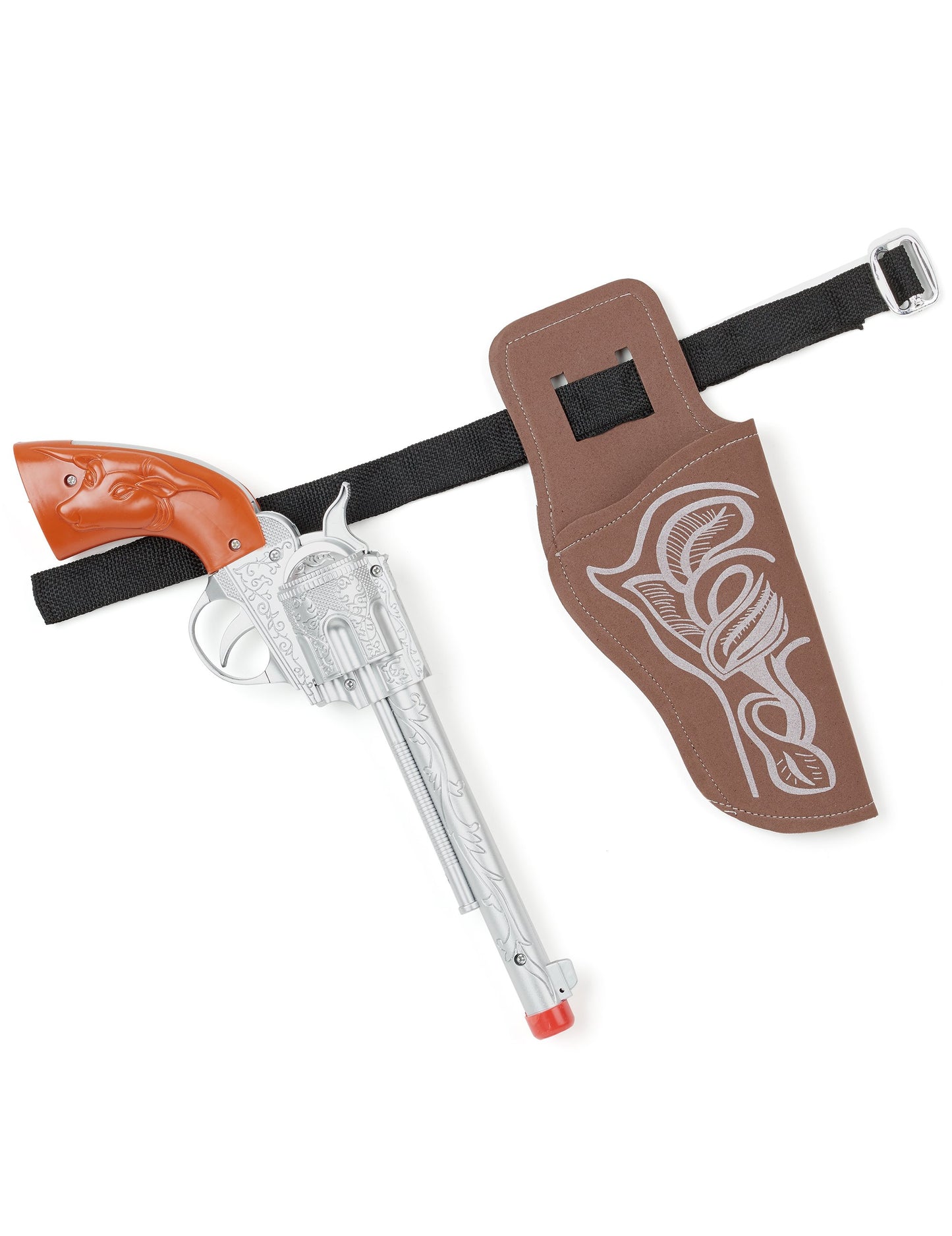 Ezüst és barna műanyag gyermek cowboy pisztoly és öv