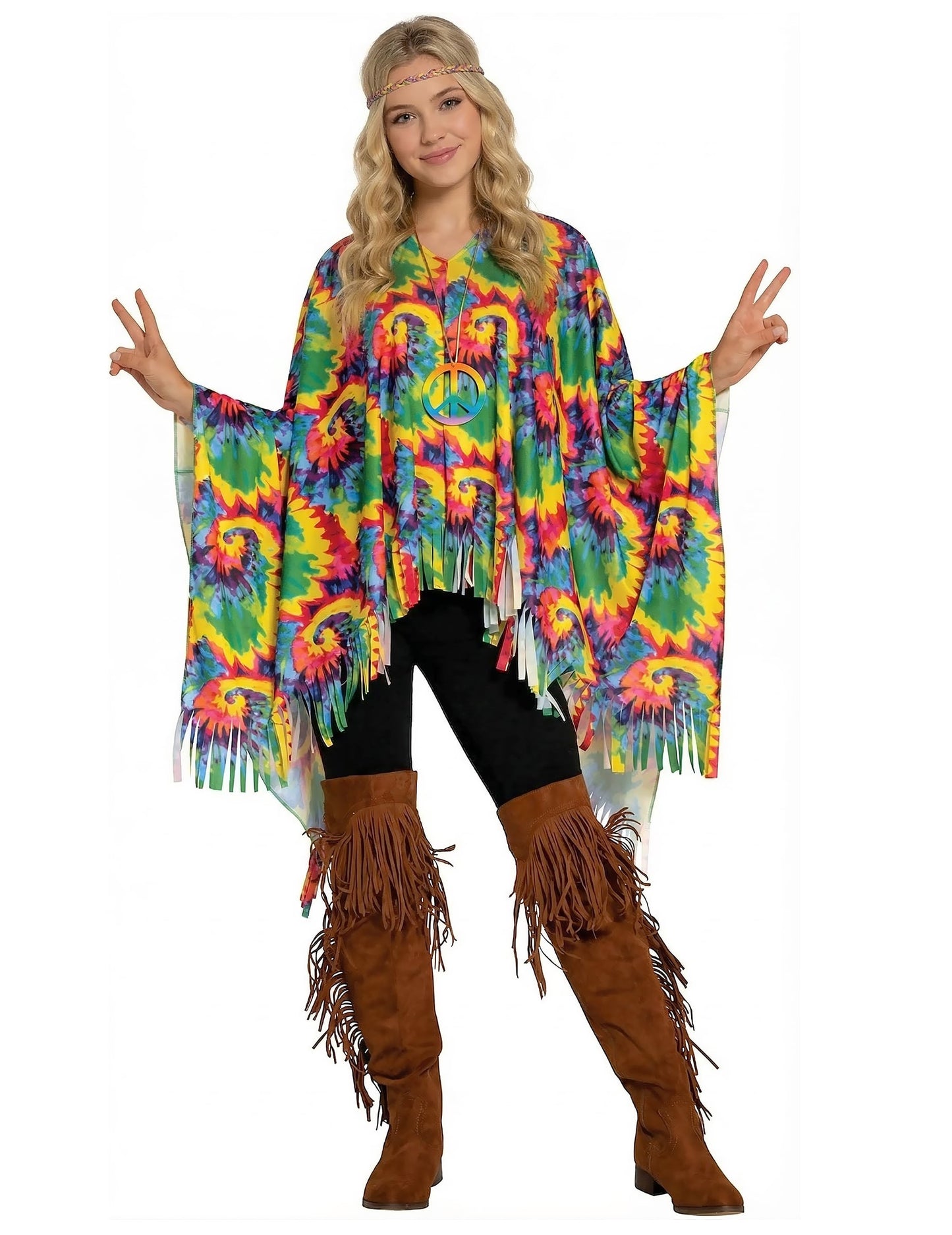 Poncho tie and dye pour adulte multicolore à franges
