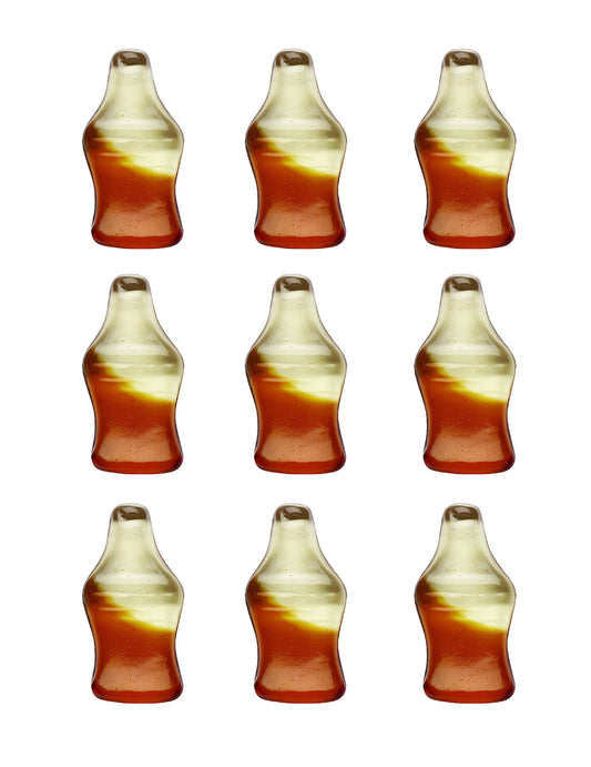 Détail des bonbons en forme de bouteille du sachet de bonbons Haribo Happy Cola