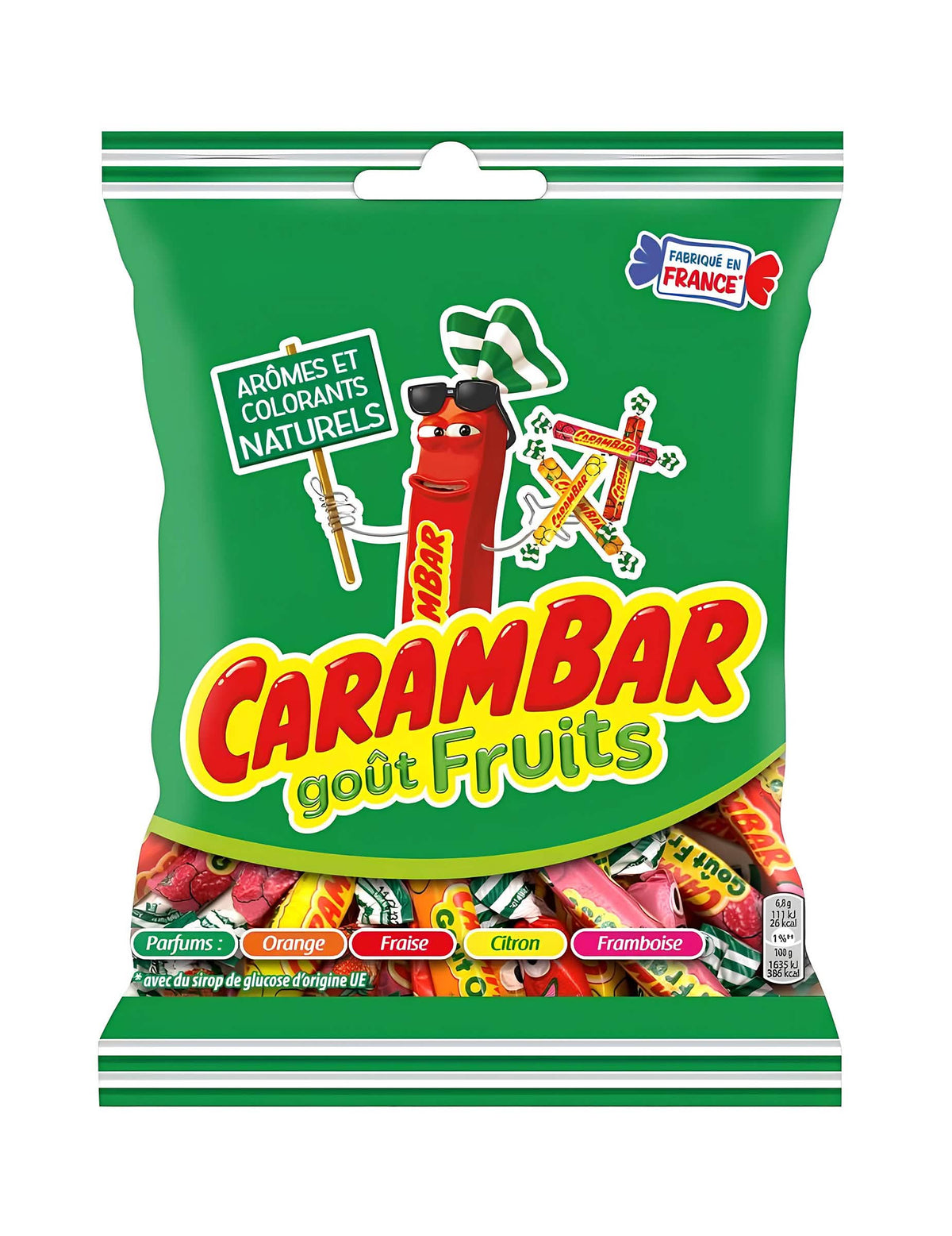 Carambar gyümölcsök cukorkák zacskó gyermek és felnőtt számára narancssárga, eper, citrom és málna ízekkel