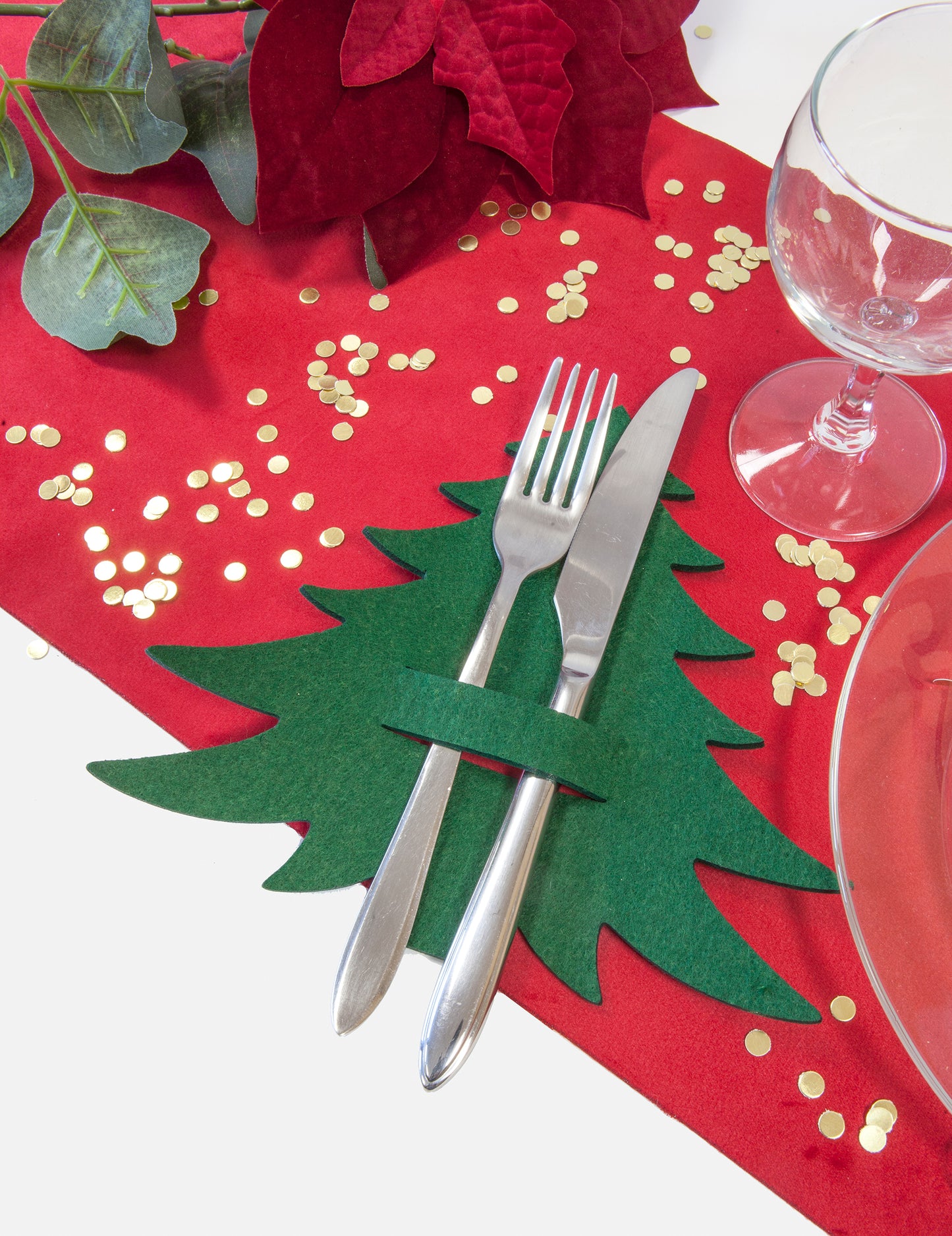 Filc karácsonyfa evőeszköztartó zöld és piros színben asztaldísznek