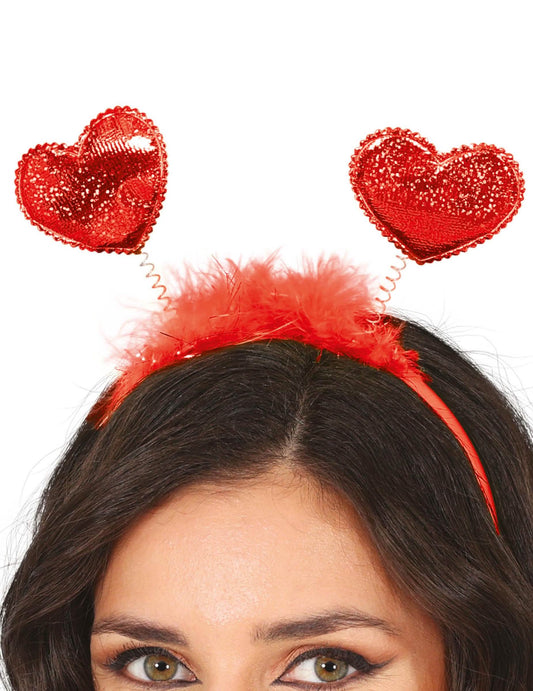 Serre-tête à coeurs rouges pour adulte rouge avec plumes et paillettes