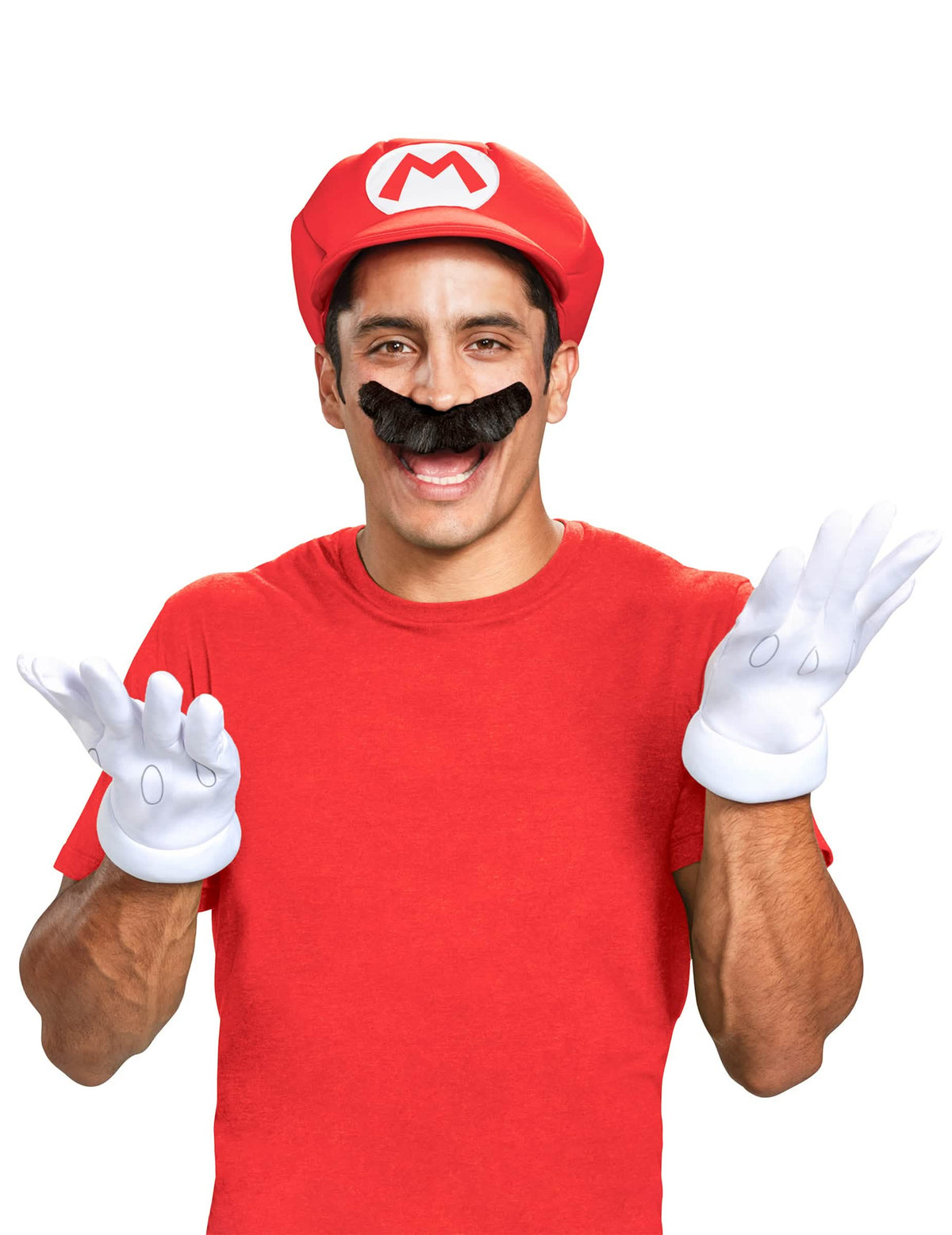 Elölnézet a Mario™ kiegészítők készlet sapkájáról és kesztyűiről
