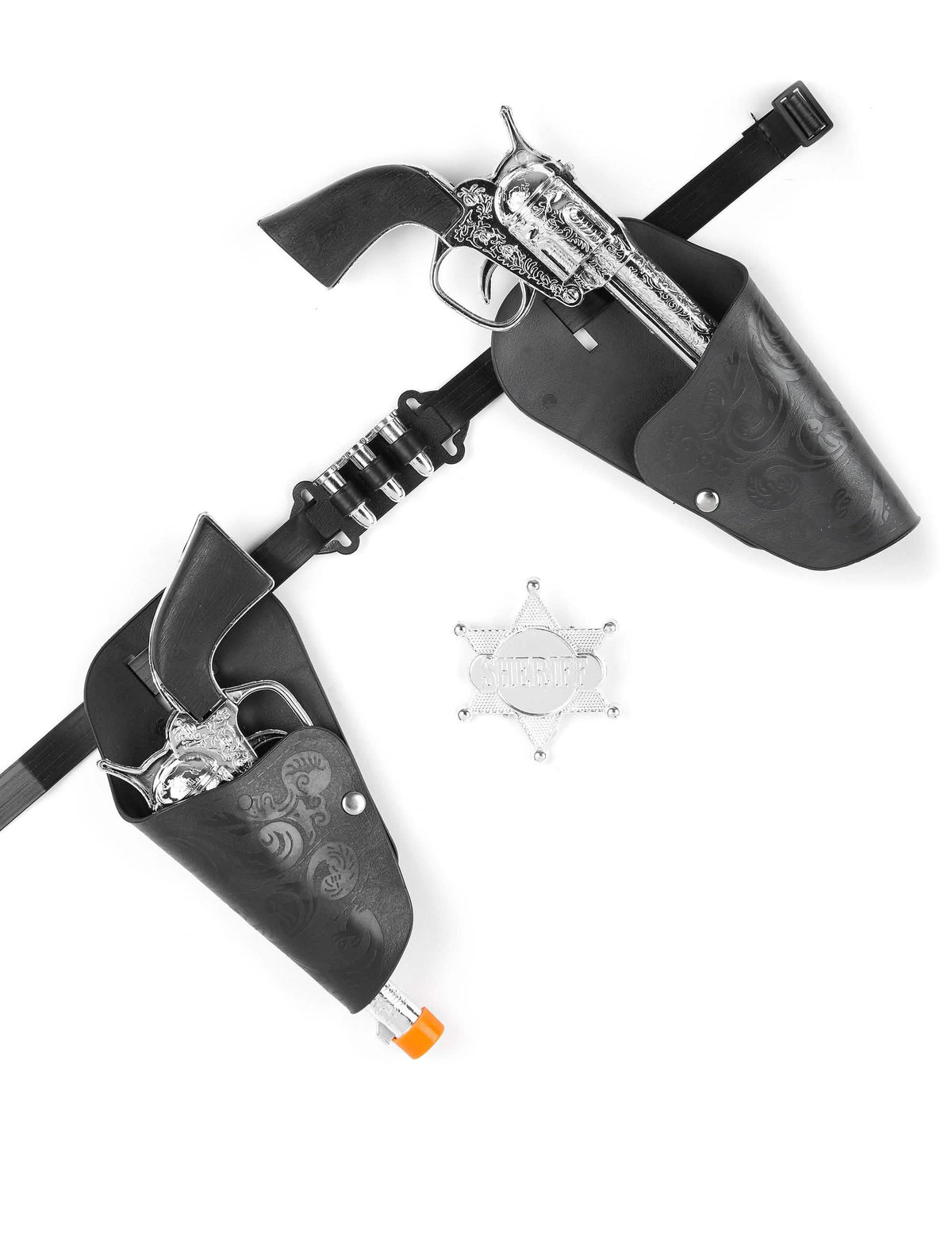 Gyermek cowboy revolver szett fekete és ezüst színben övvel és sheriff csillaggal
