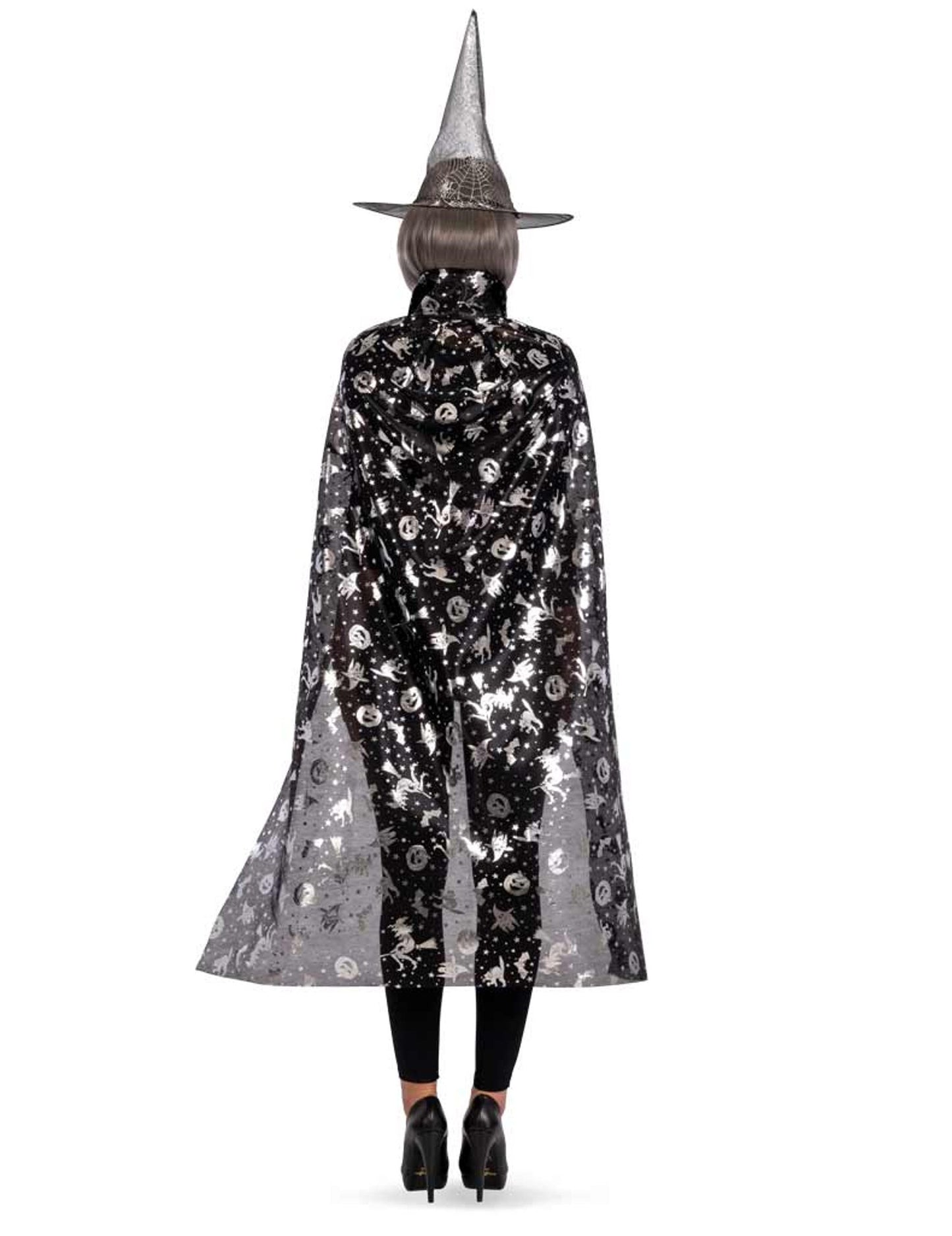 Állítsa be a boszorkány kalapot és a fekete és ezüst női köpenyt