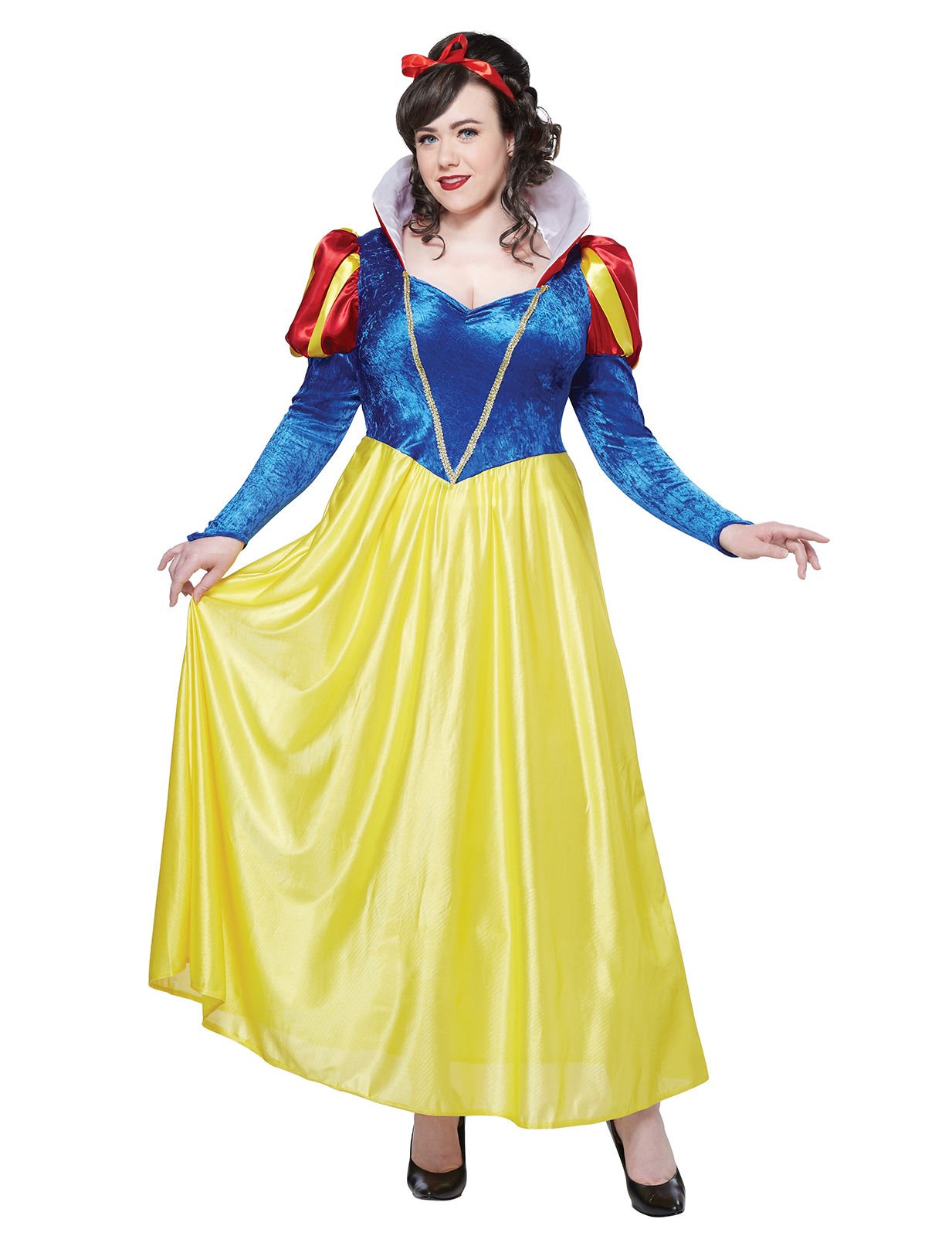Costume Blanche Neige pour femme jaune et bleu avec serre-tête rouge