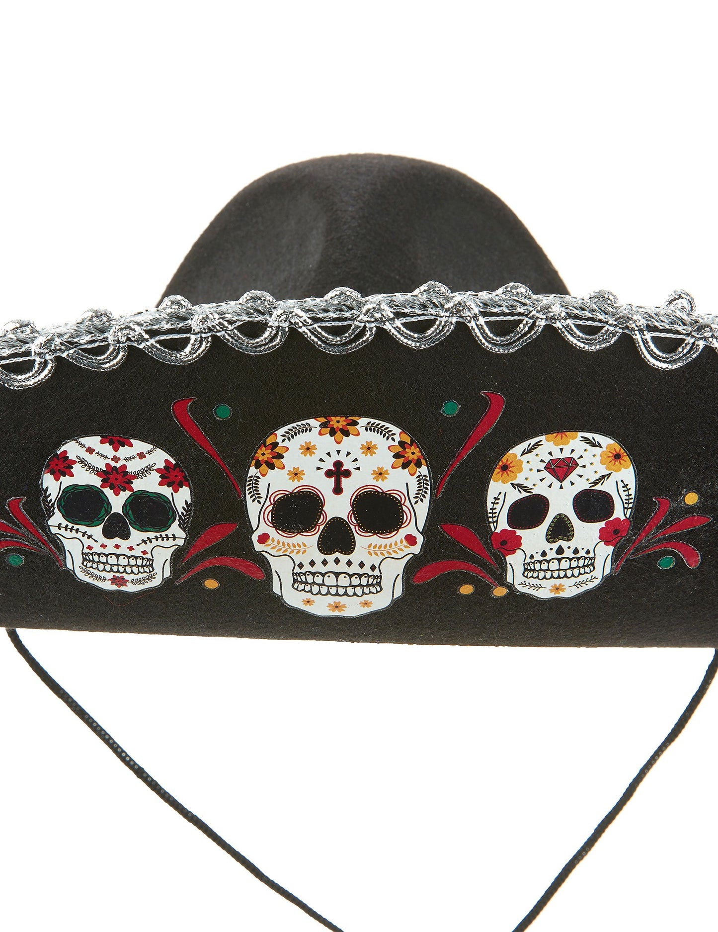 Détail des motifs de têtes de mort du sombrero Dia de Los Muertos