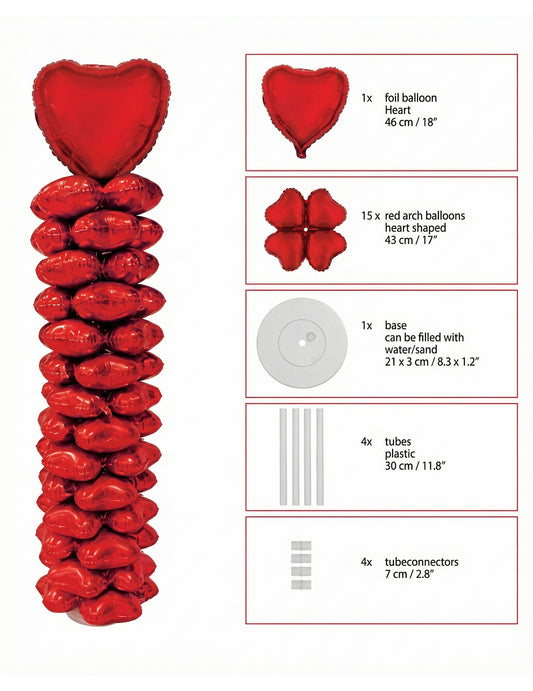 Détail du contenu du Kit colonne de ballons aluminium cœur Saint Valentin