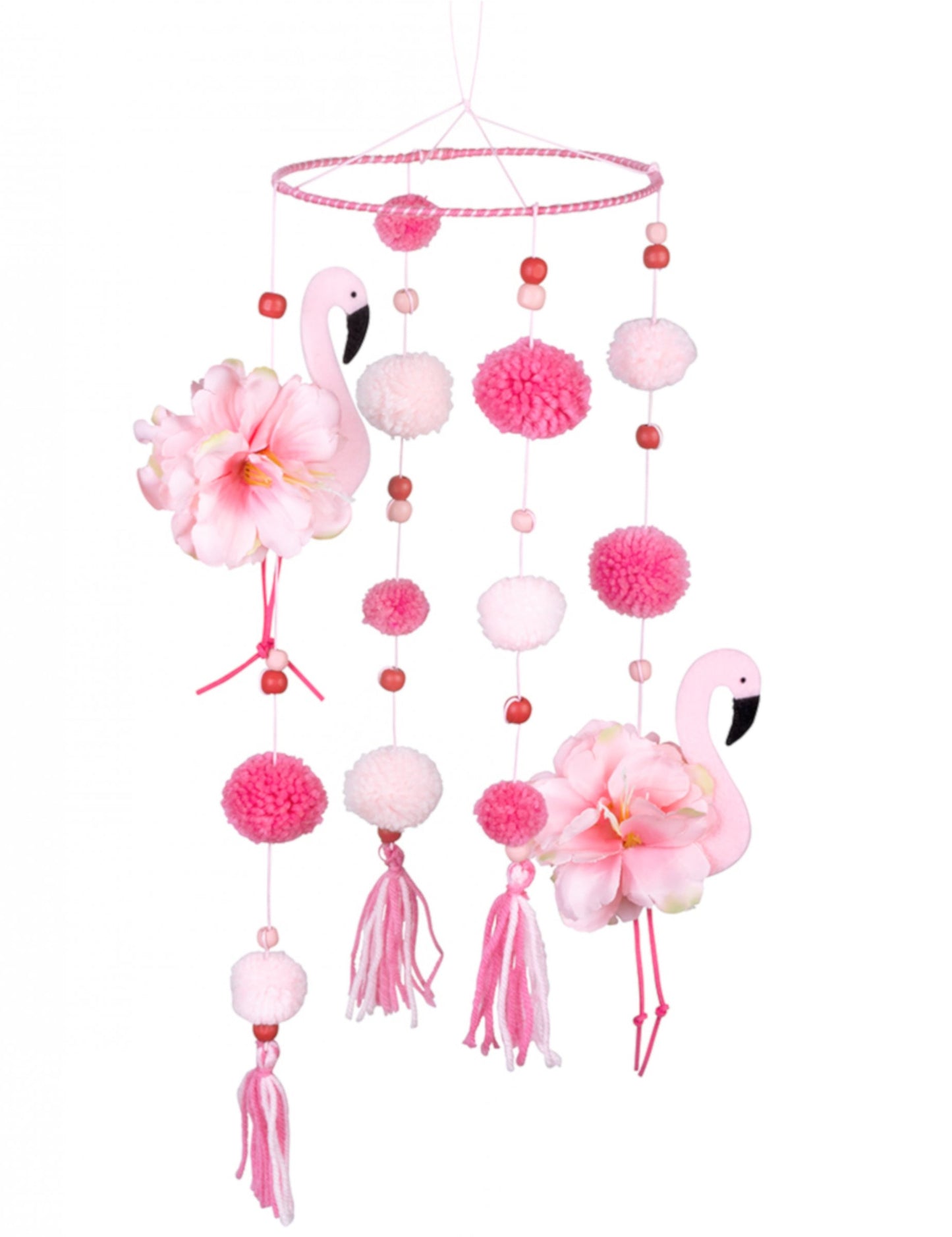 Rózsaszín flamingó felfüggesztés rózsaszín pompomokkal 60 x 16 cm