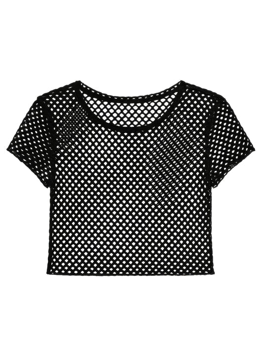 Vue à plat du T-shirt résille pour femme noir
