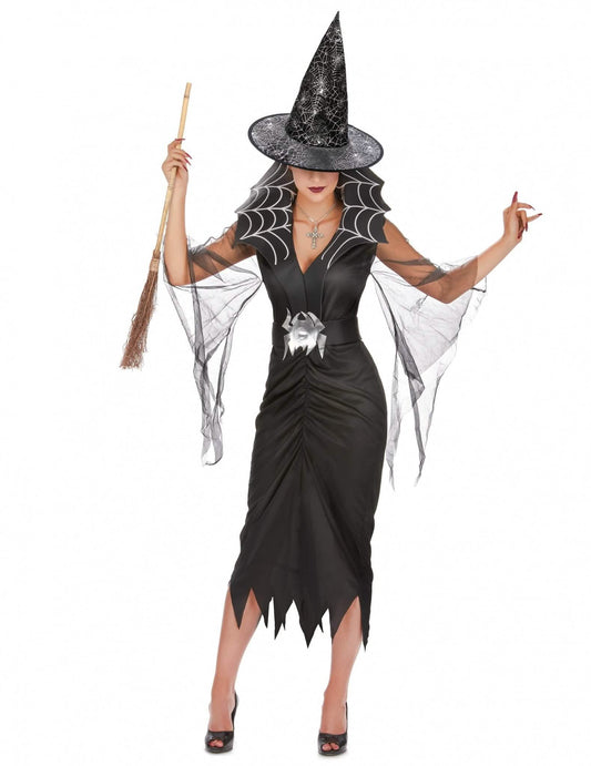 Női pókboszorkány jelmez seprűvel és kalappal, Halloween