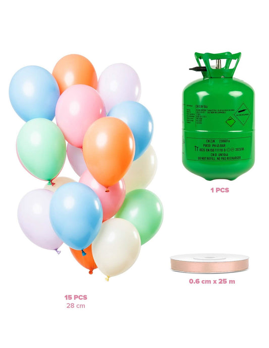 Hélium palack készlet 15 pasztell lufival és szaténszalaggal