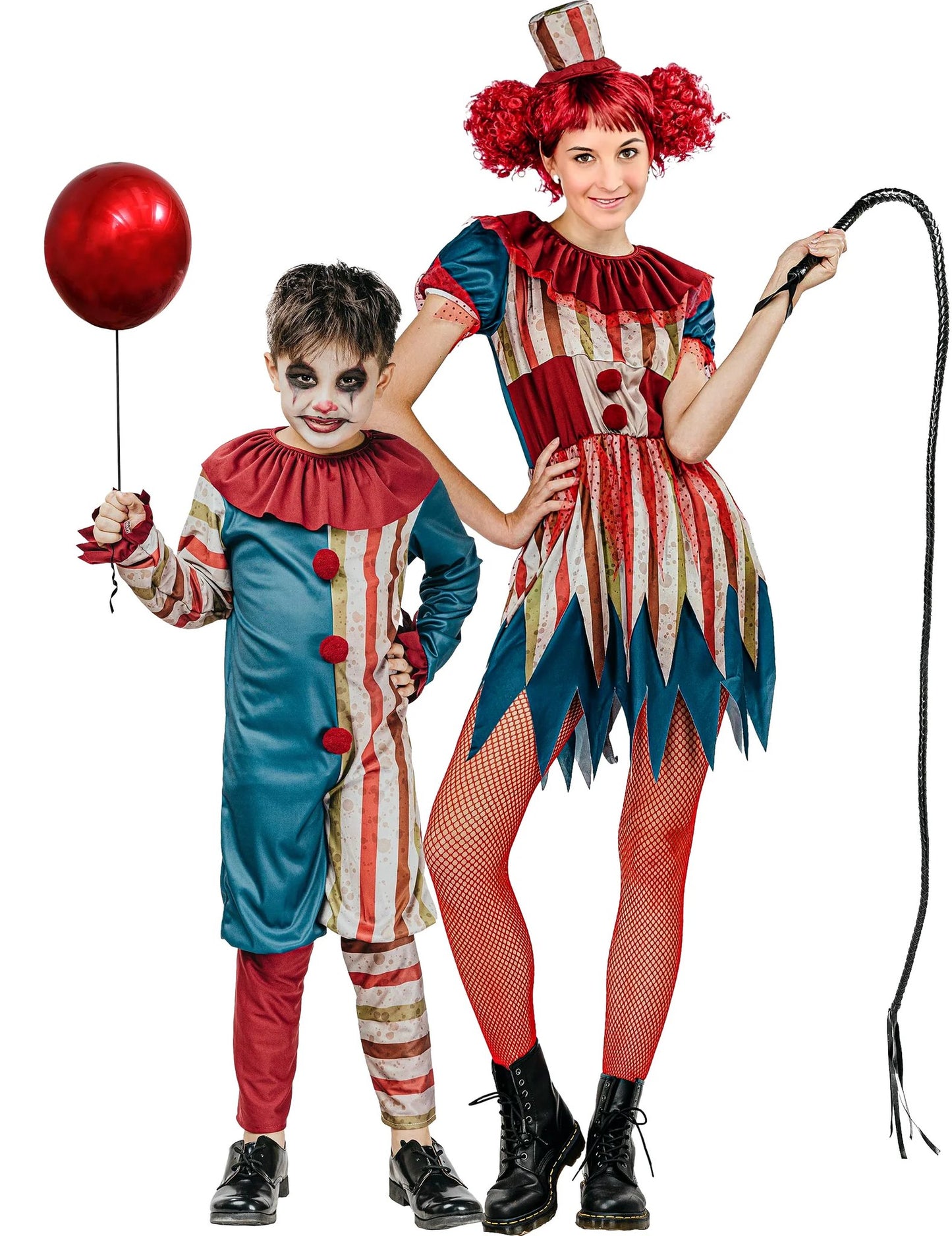 Színes bohóc anya és fiú páros Halloween jelmez